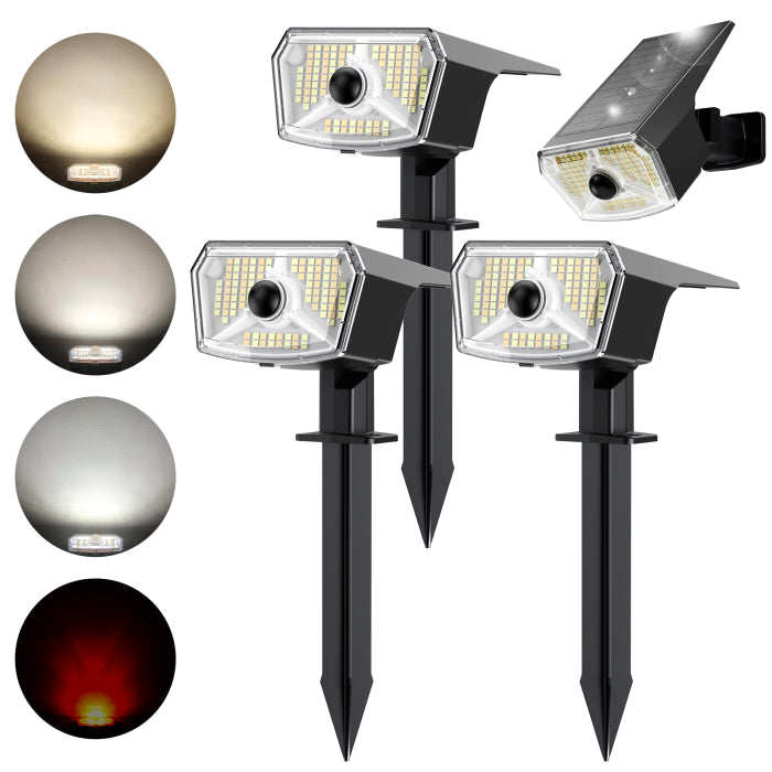 TECKNET 106 LED Solar Spot Lights with Motion Sensor, 3-Color Tunable, IP67 Waterproof, Auto On/Off, 4 Pack for Garden & Pathway