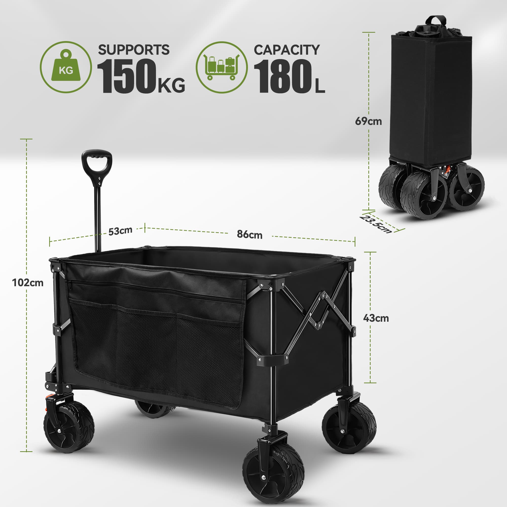 TECKNET Folding Wagon Heavy Duty All-Terrain Collapsible Camping Trolley Cart 180L