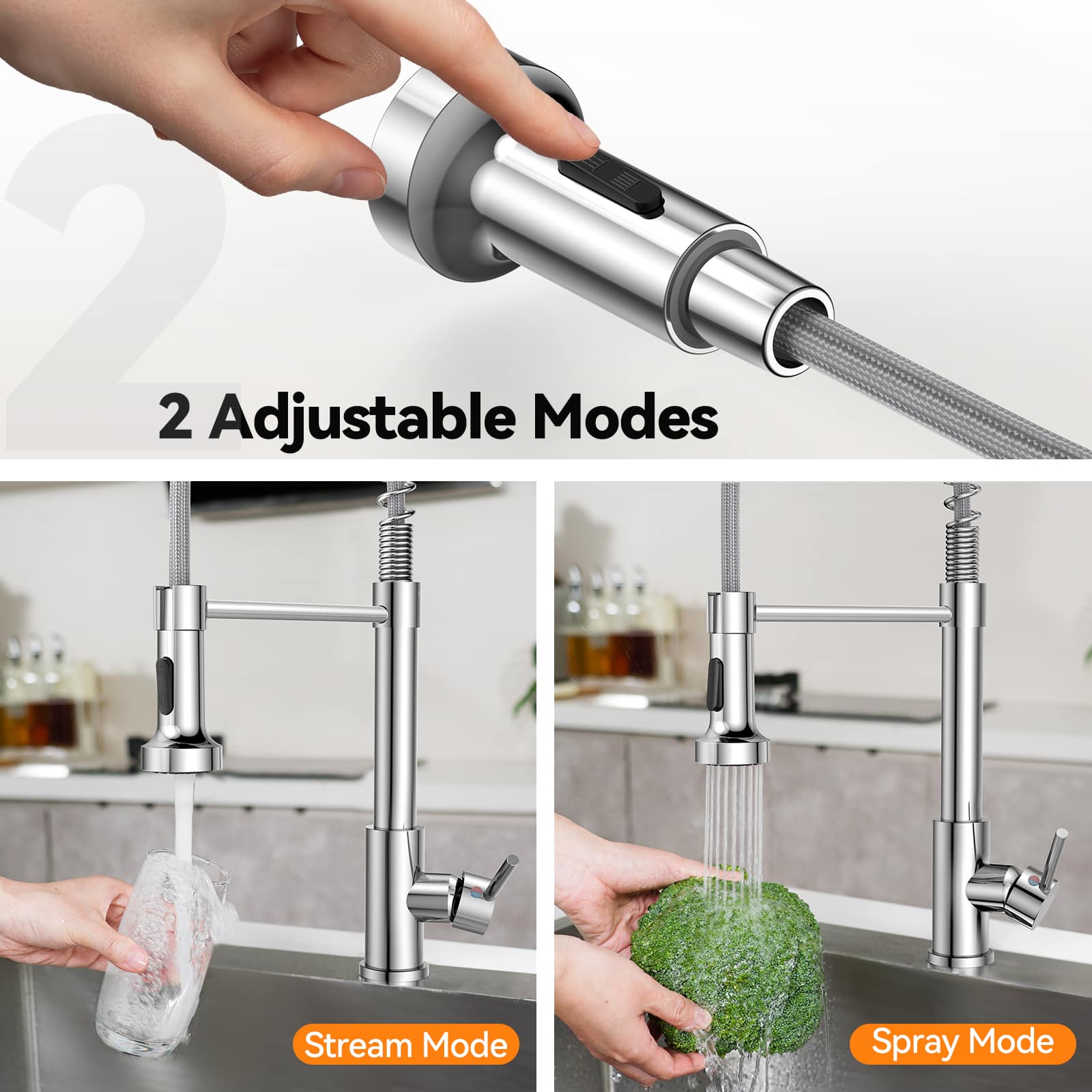 VOXON Kitchen Tap, Spring Kitchen Sink Mixer Taps, High Arc Swivel 360° with 2 Spray Modes, S304 Stainless Steel Single-Lever