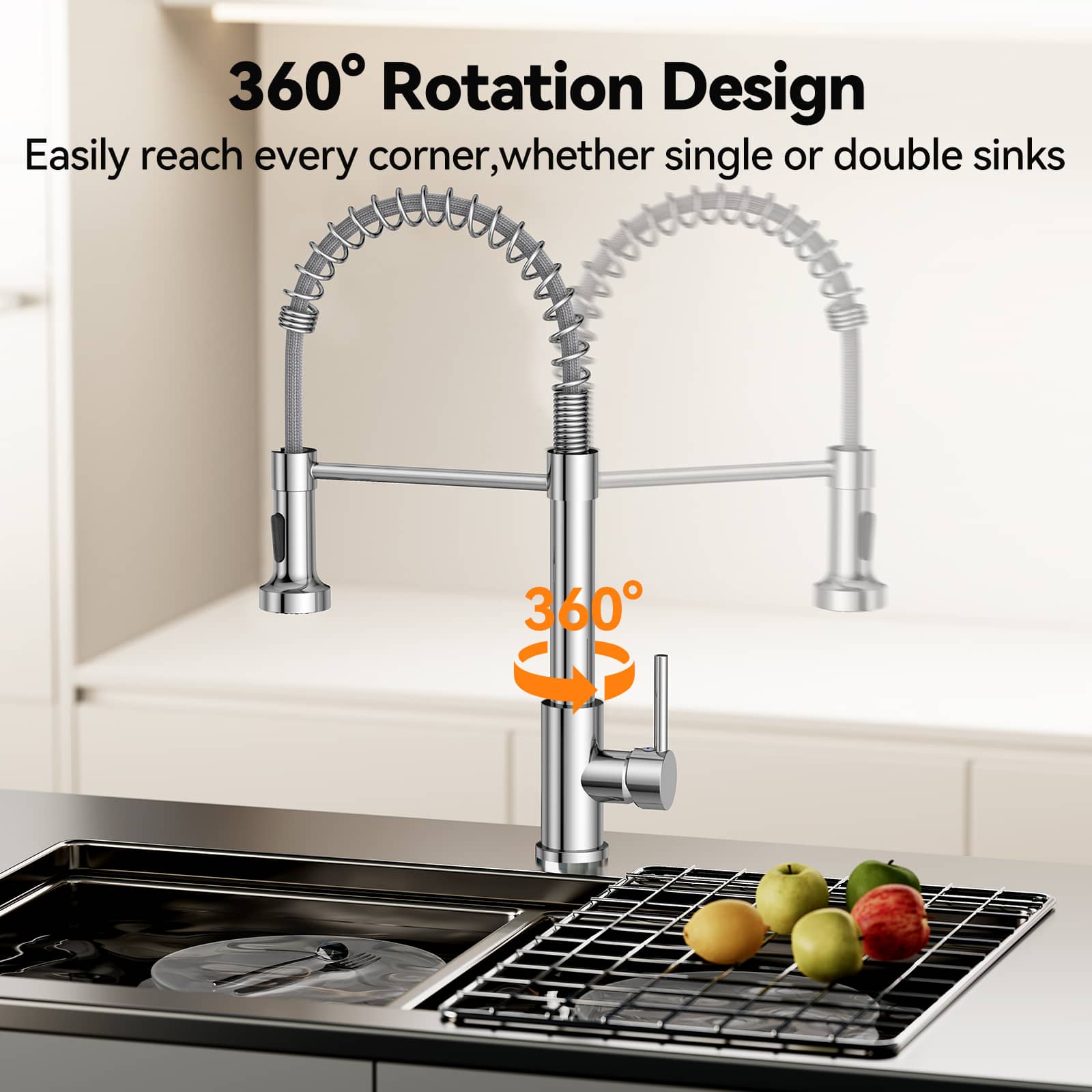 VOXON Kitchen Tap, Spring Kitchen Sink Mixer Taps, High Arc Swivel 360° with 2 Spray Modes, S304 Stainless Steel Single-Lever