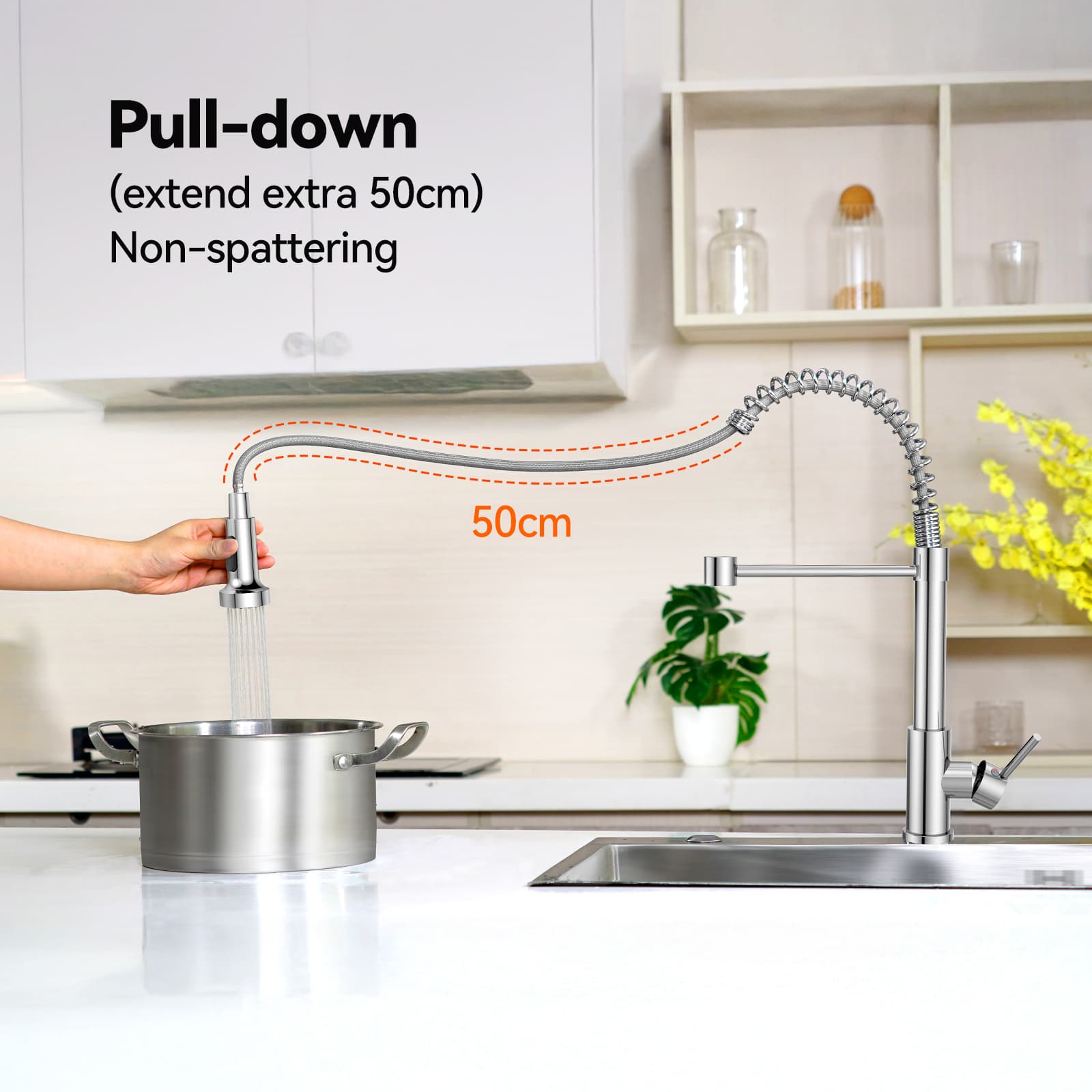 VOXON Kitchen Tap, Spring Kitchen Sink Mixer Taps, High Arc Swivel 360° with 2 Spray Modes, S304 Stainless Steel Single-Lever