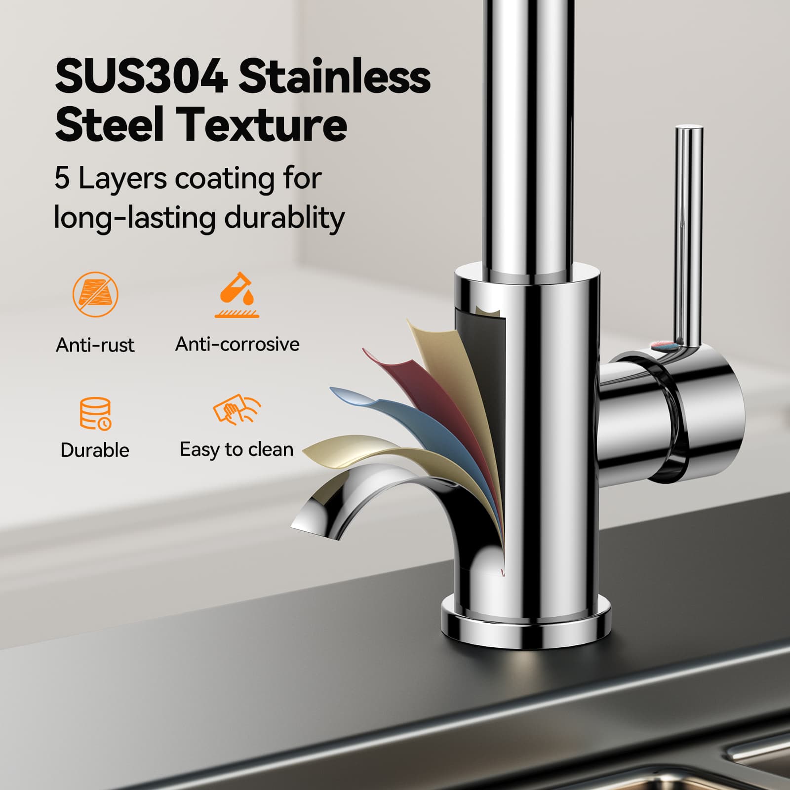 VOXON Kitchen Tap, Spring Kitchen Sink Mixer Taps, High Arc Swivel 360° with 2 Spray Modes, S304 Stainless Steel Single-Lever