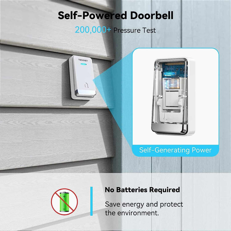 TECKNET Self-Powered Wireless Doorbell Plug in Cordless Door Chime with 1300feet / 400m Range