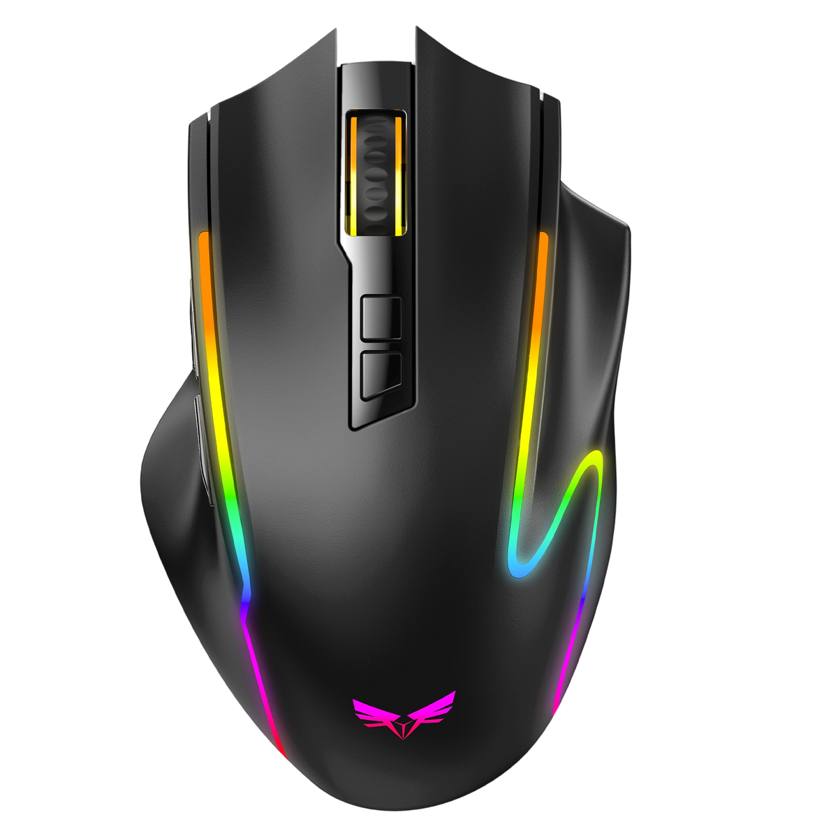 A black gaming mouse with vibrant RGB rainbow lighting accents along the sides and a matching logo on the bottom front, shown on a solid white background.
