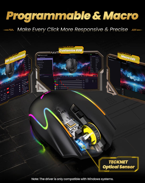A black gaming mouse with RGB rainbow lighting and a visible yellow scroll wheel, shown in a promotional graphic with multiple monitor screens displaying software controls and text such as 'Programmable & Macro' and 'TECKNET Optical Sensor'.