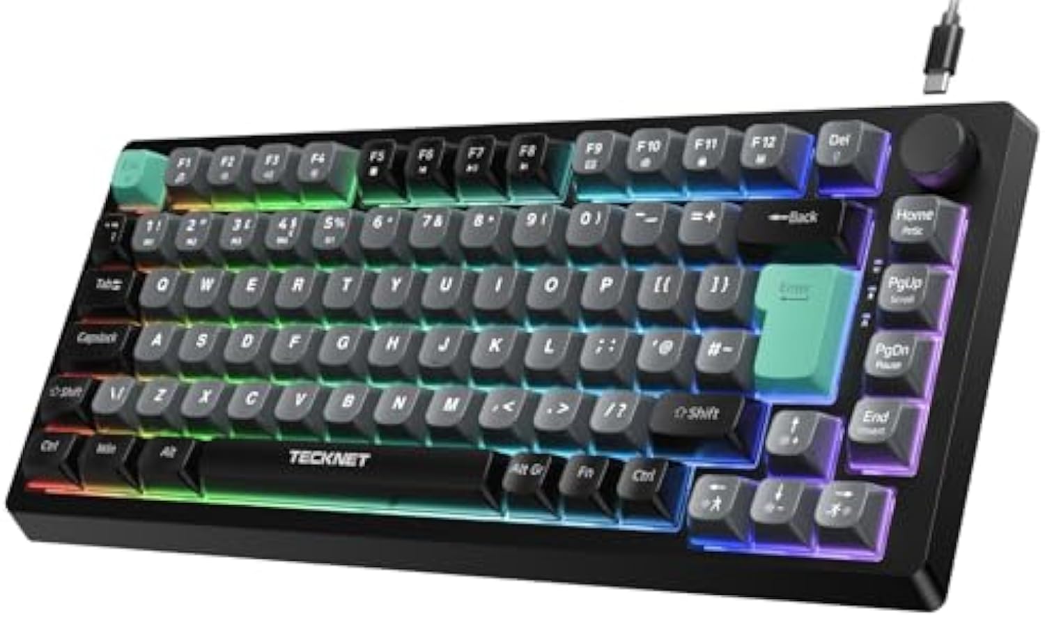 TECKNET RGB Gaming Keyboard,Compact 83 Keys Wired Keyboard with Volumn Knob