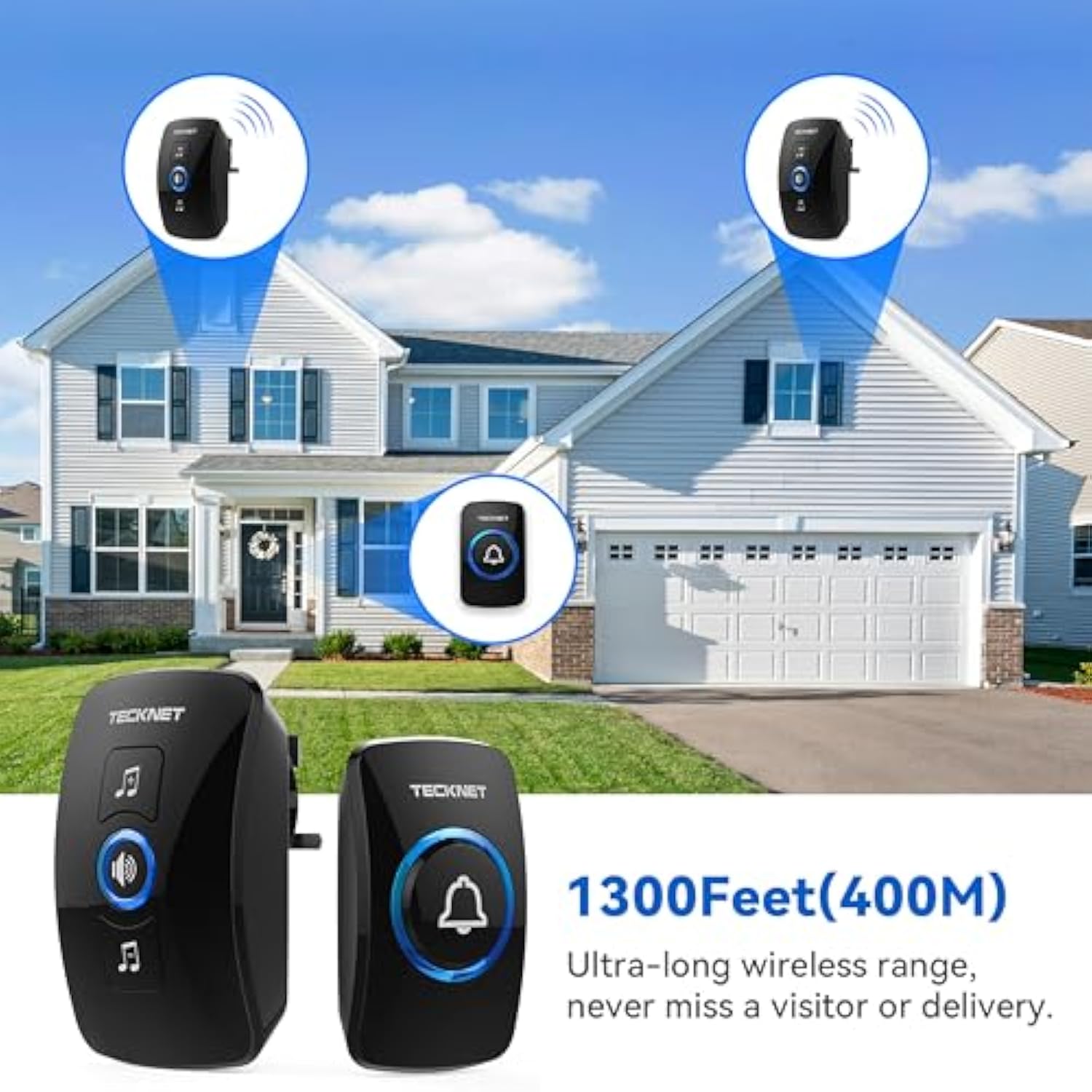 TECKNET Wireless Doorbell, IP65 Waterproof Wall Plug-in Door Bells Wireless Cordless Chime Kit