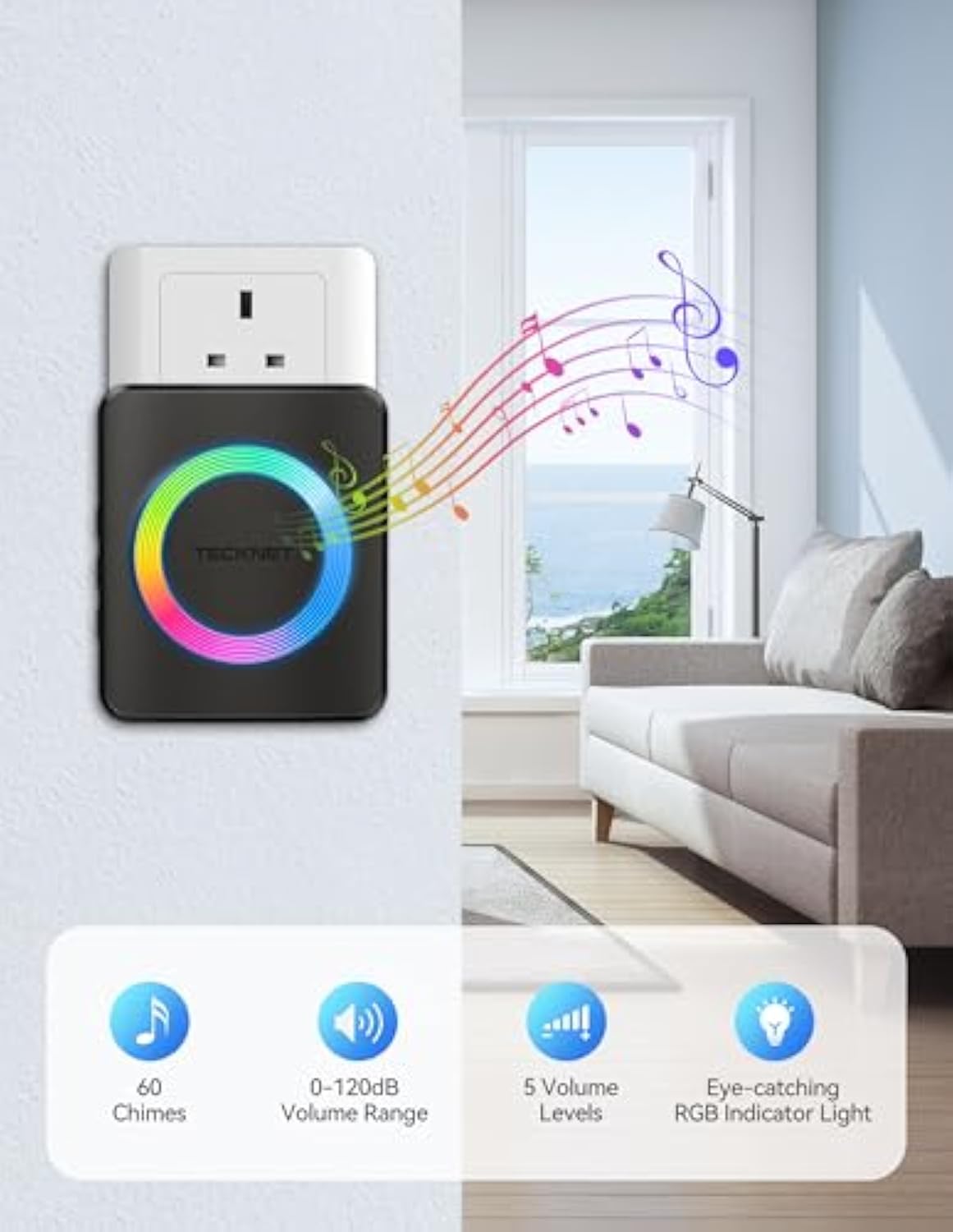 TECKNET Wireless Doorbell 3 Receivers, Door Chime Kit with RGB Light