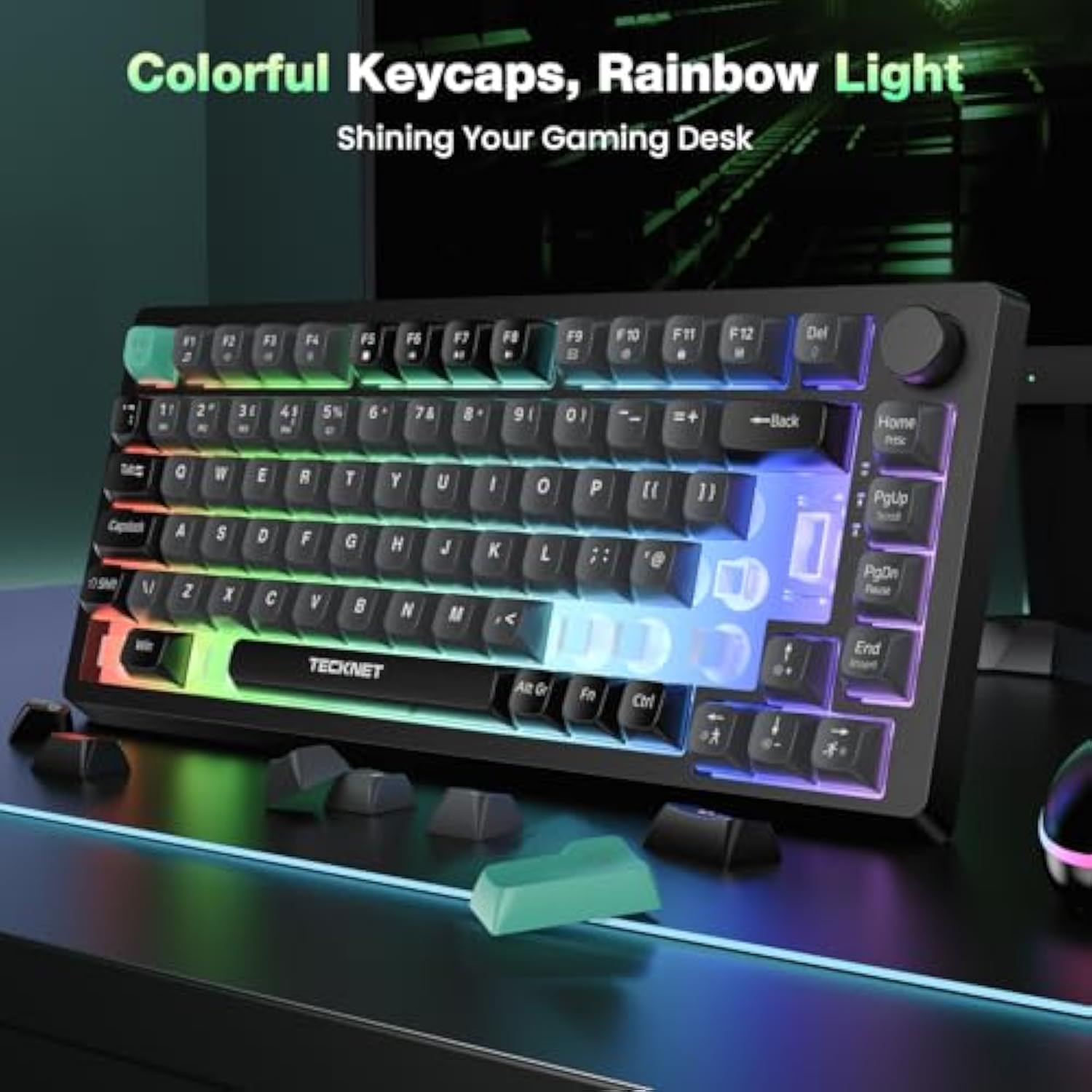 TECKNET RGB Gaming Keyboard,Compact 83 Keys Wired Keyboard with Volumn Knob