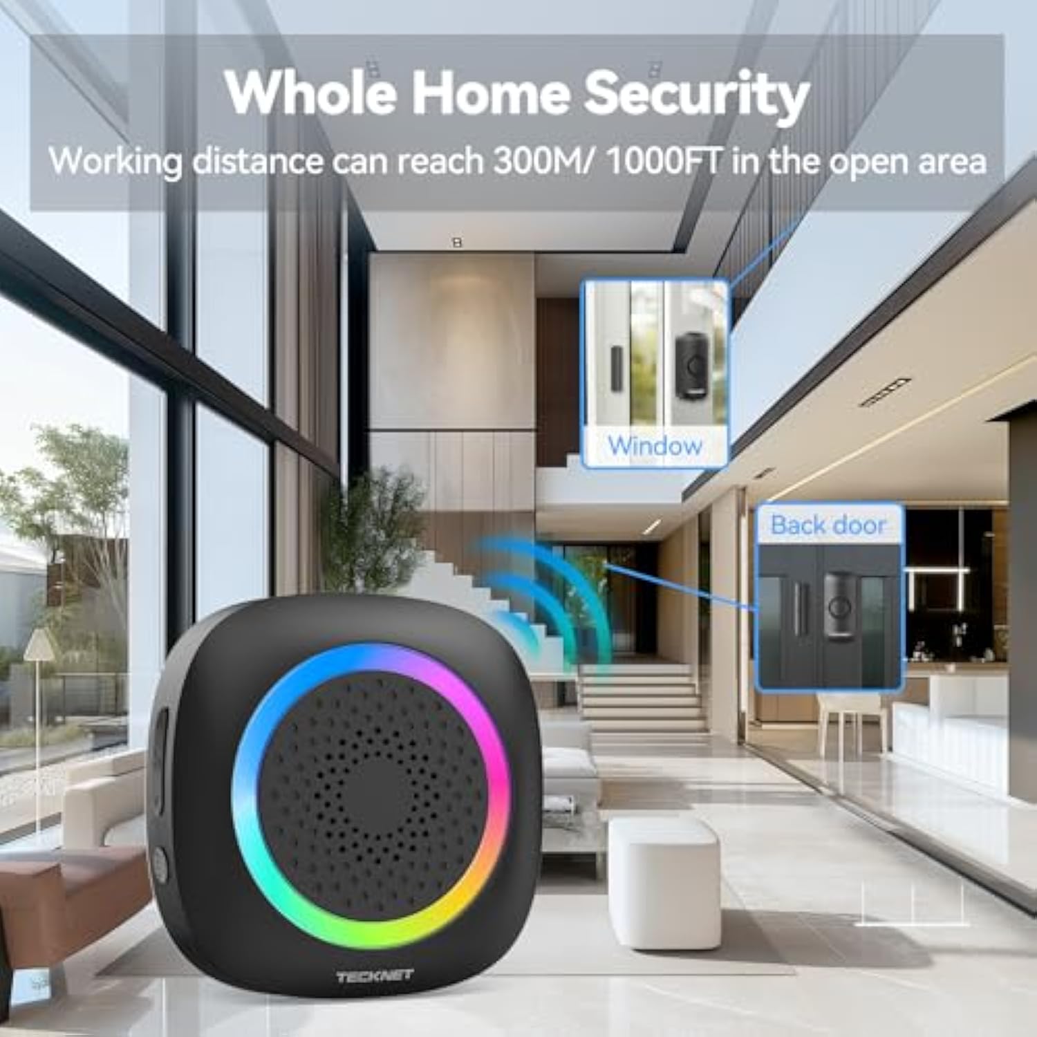 TECKNET Wireless Door Open Sensor Alarm Chime, 1 Plug-in Receiver and 2 Magnetic Door Alarm Sensor