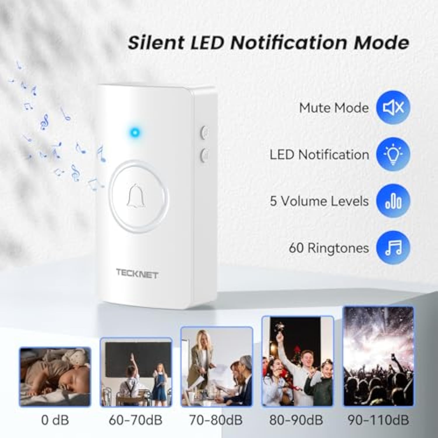 TECKNET Wireless Doorbell, Door Bells Wireless IP65 Waterproof Battery Operated Cordless Door Chime Kit