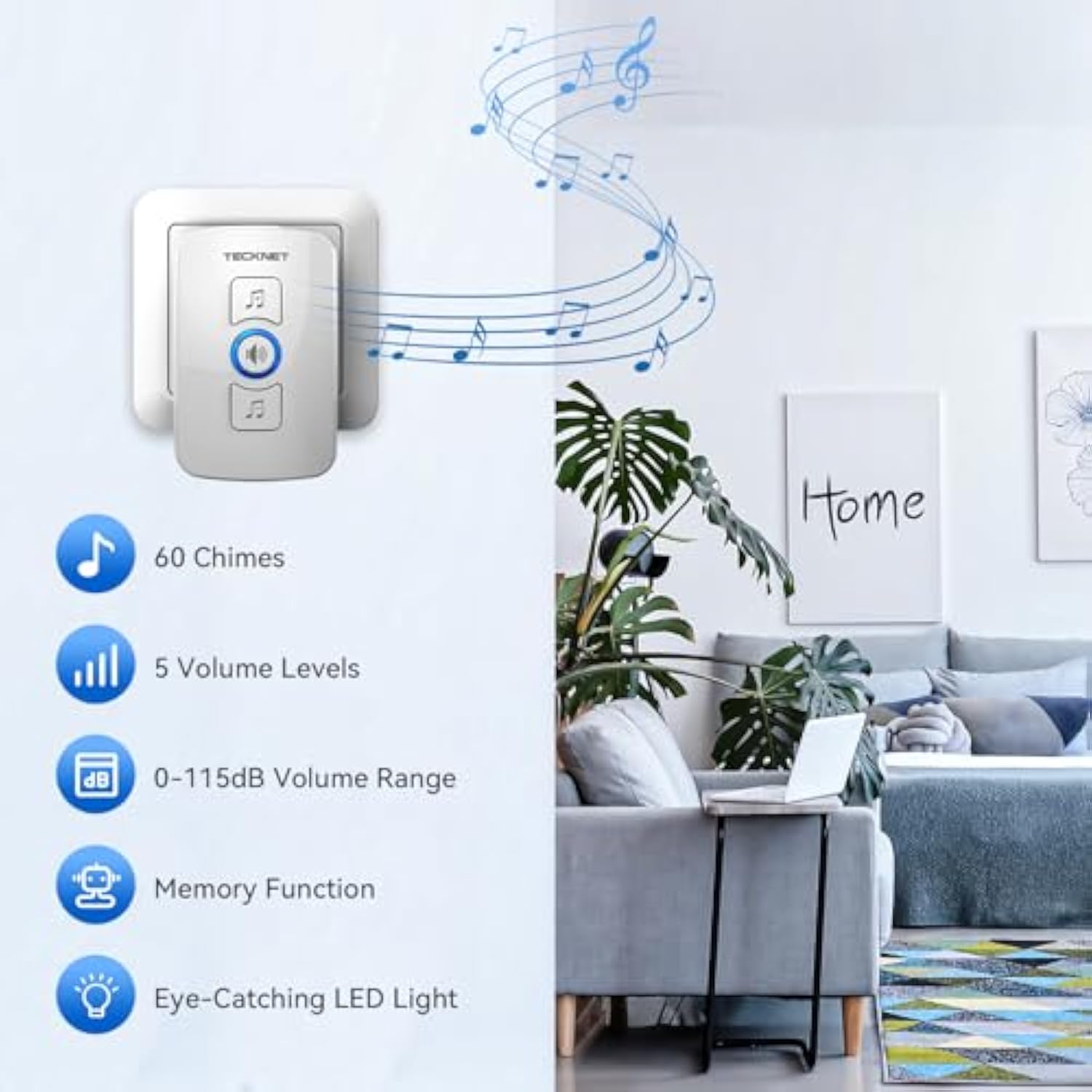 TECKNET Wireless Doorbell, IP65 Waterproof Wall Plug-in Door Bells Wireless Cordless Chime Kit