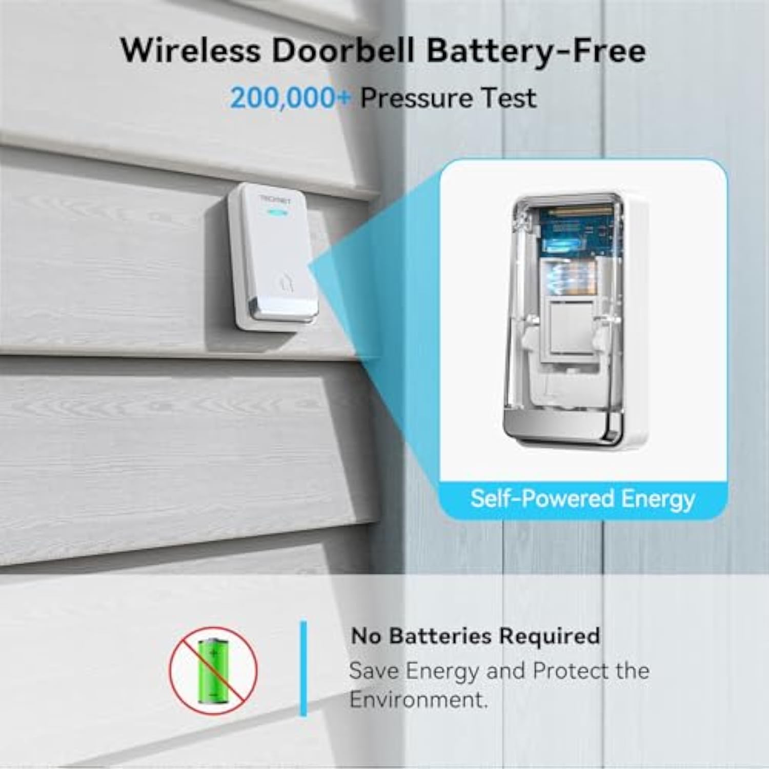 TECKNET Self-Powered Doorbell with 3 Receivers, IP65 Waterproof 1300ft Wireless Doorbell with 60 Chimes