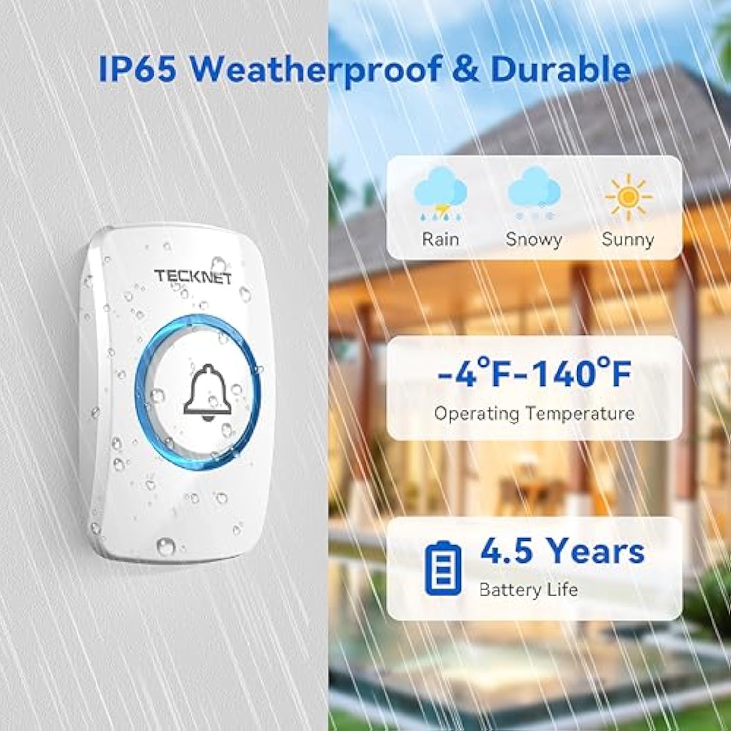 TECKNET Wireless Doorbell, IP65 Waterproof Wall Plug-in Door Bells Wireless Cordless Chime Kit