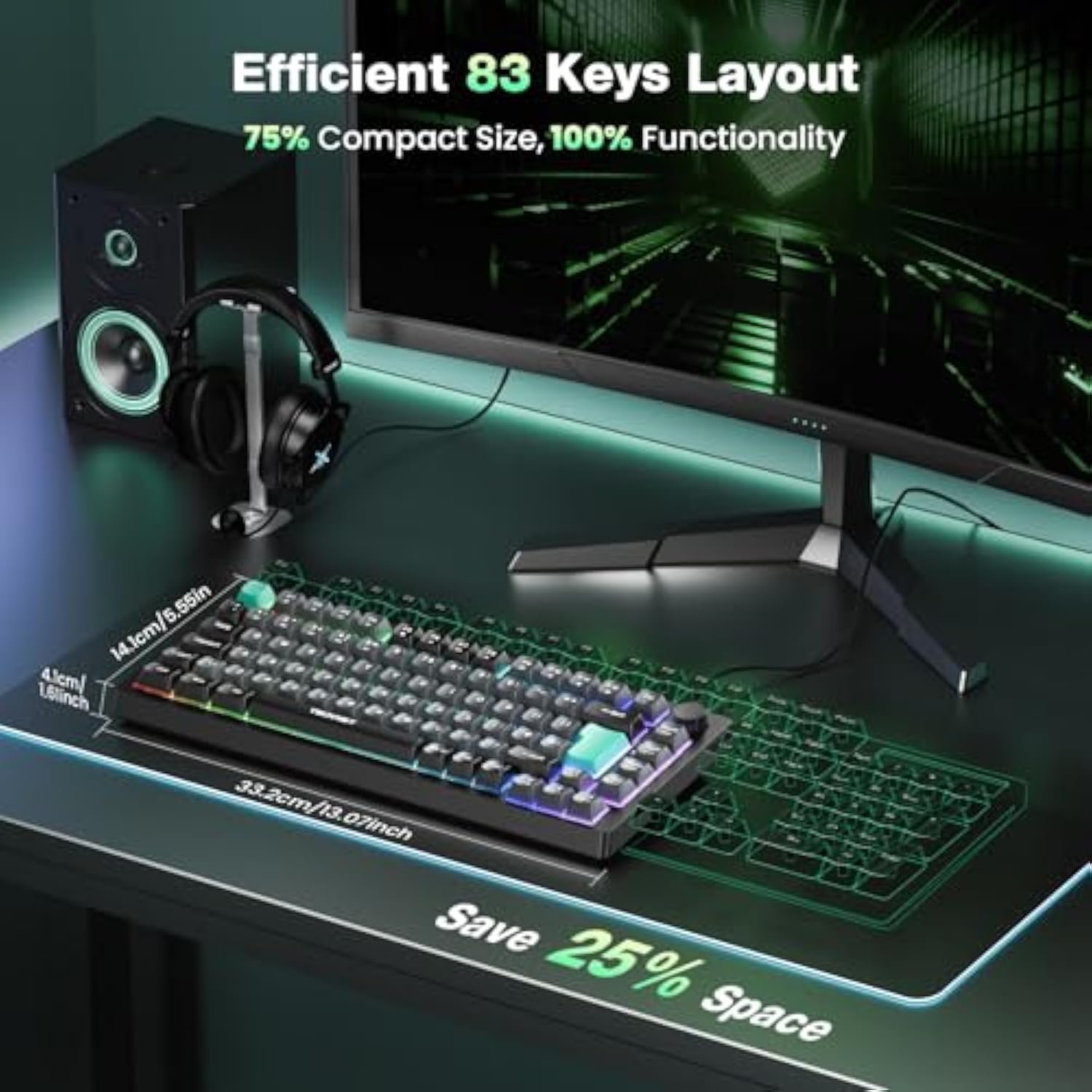 TECKNET RGB Gaming Keyboard,Compact 83 Keys Wired Keyboard with Volumn Knob