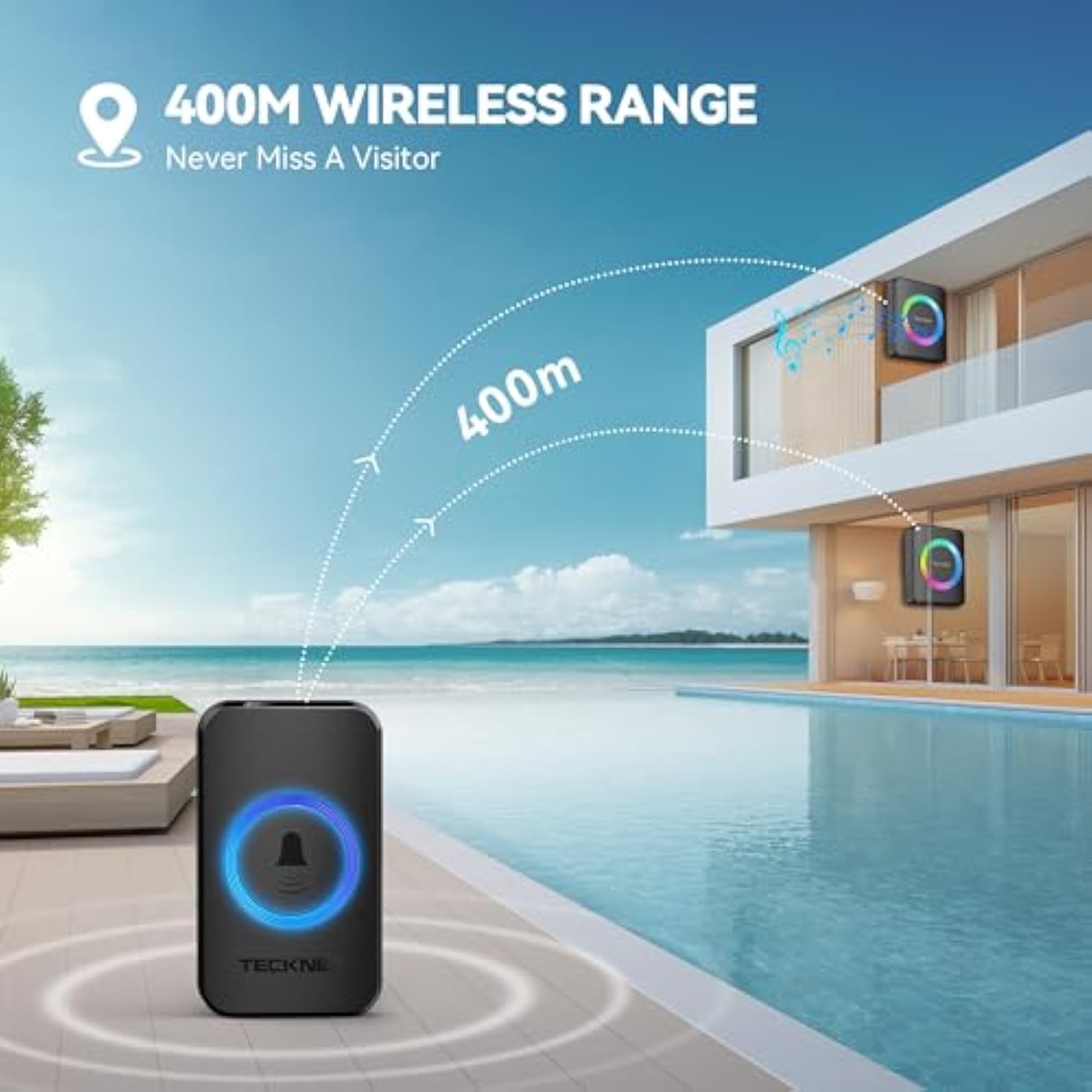 TECKNET Wireless Doorbell with 2 Receivers, 1300ft Long Range IP65 Waterproof Door Bells Wireless Cordless