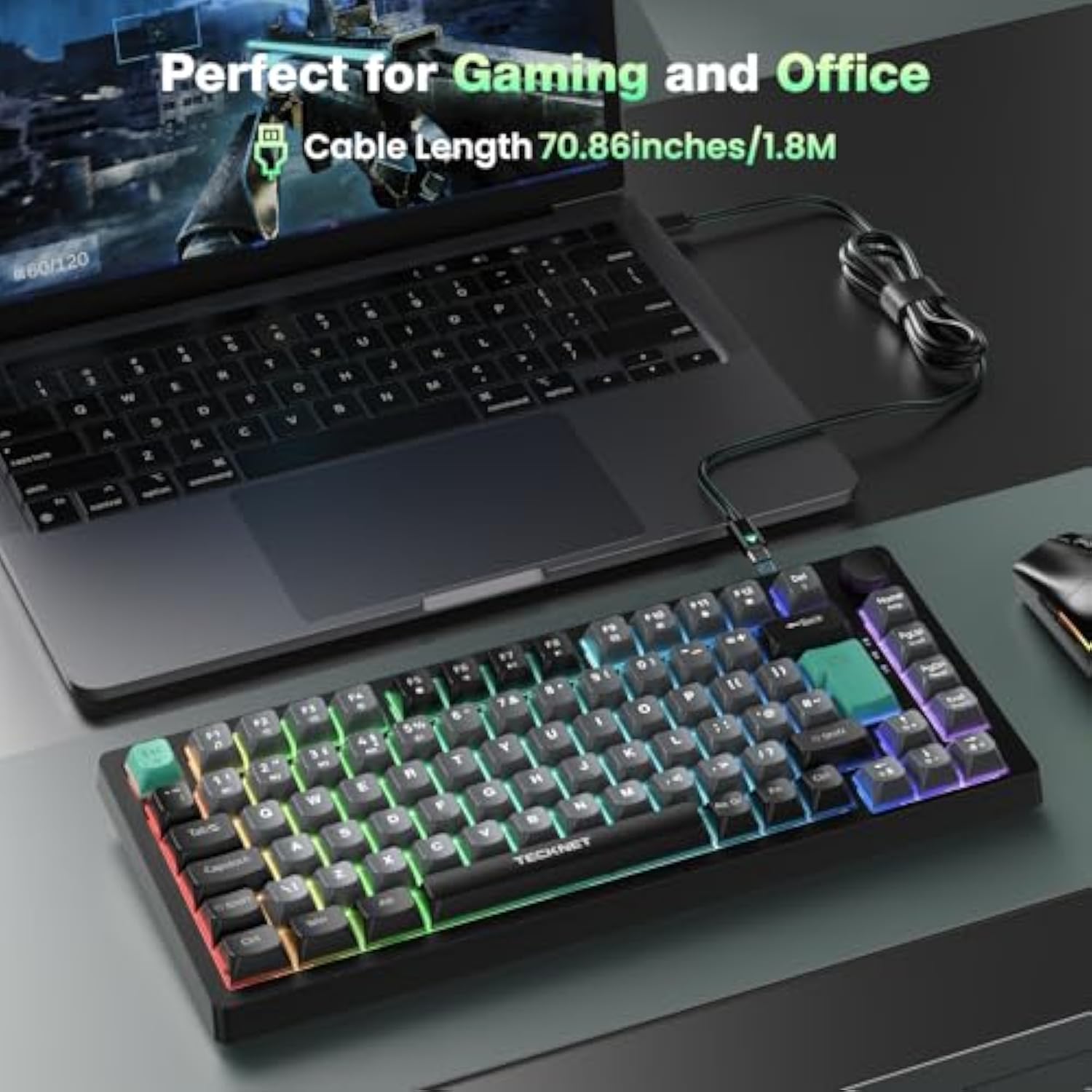 TECKNET RGB Gaming Keyboard,Compact 83 Keys Wired Keyboard with Volumn Knob