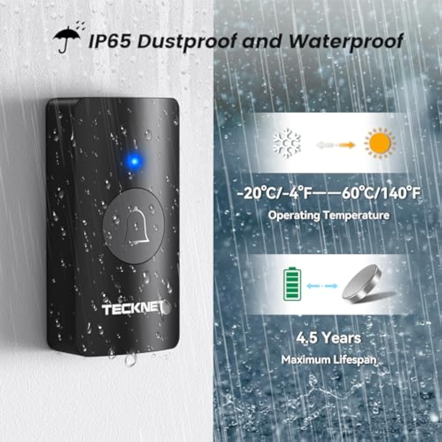TECKNET Wireless Doorbell, Door Bells Wireless IP65 Waterproof Battery Operated Cordless Door Chime Kit