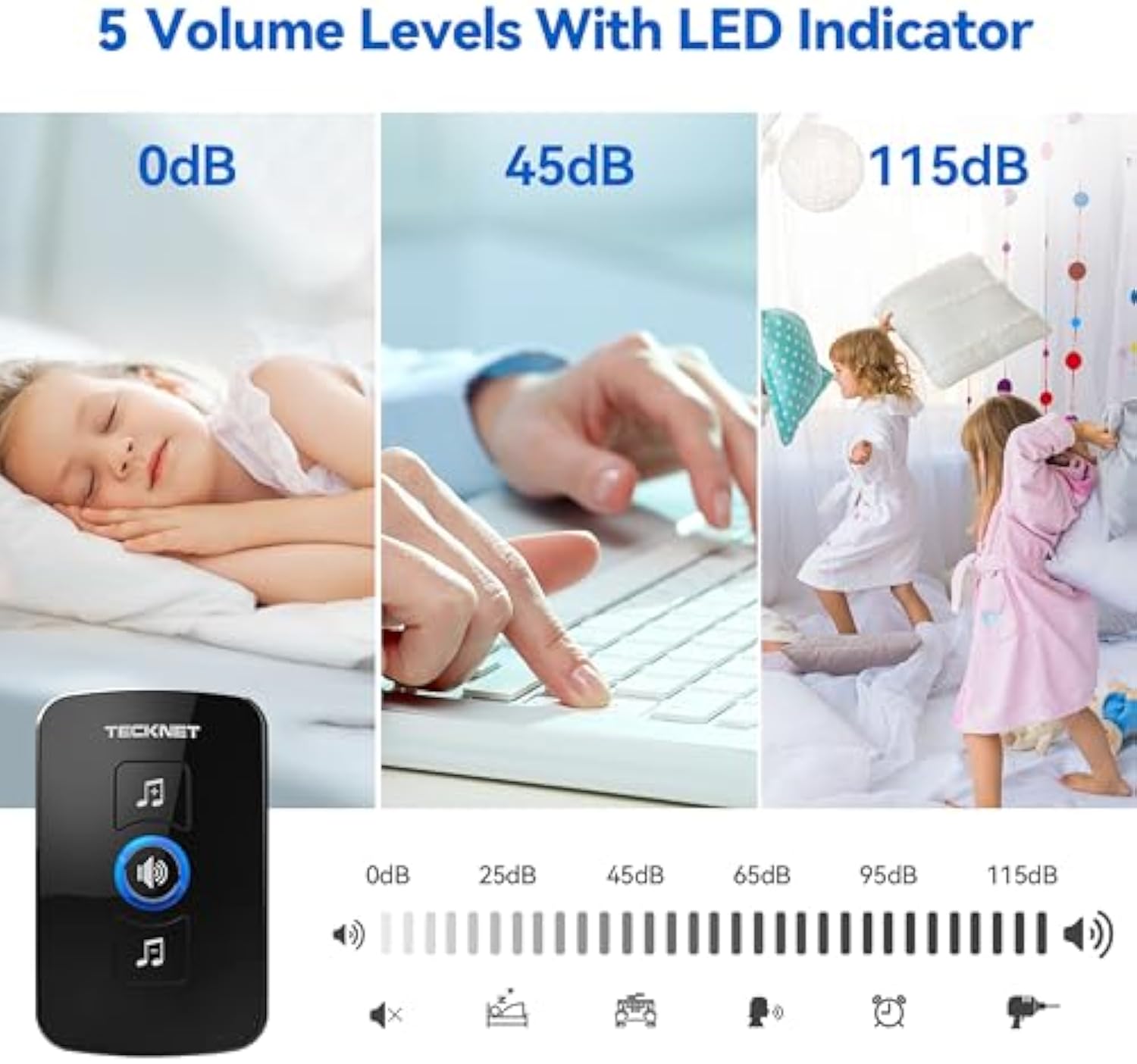 TECKNET Wireless Doorbell, IP65 Waterproof Wall Plug-in Door Bells Wireless Cordless Chime Kit