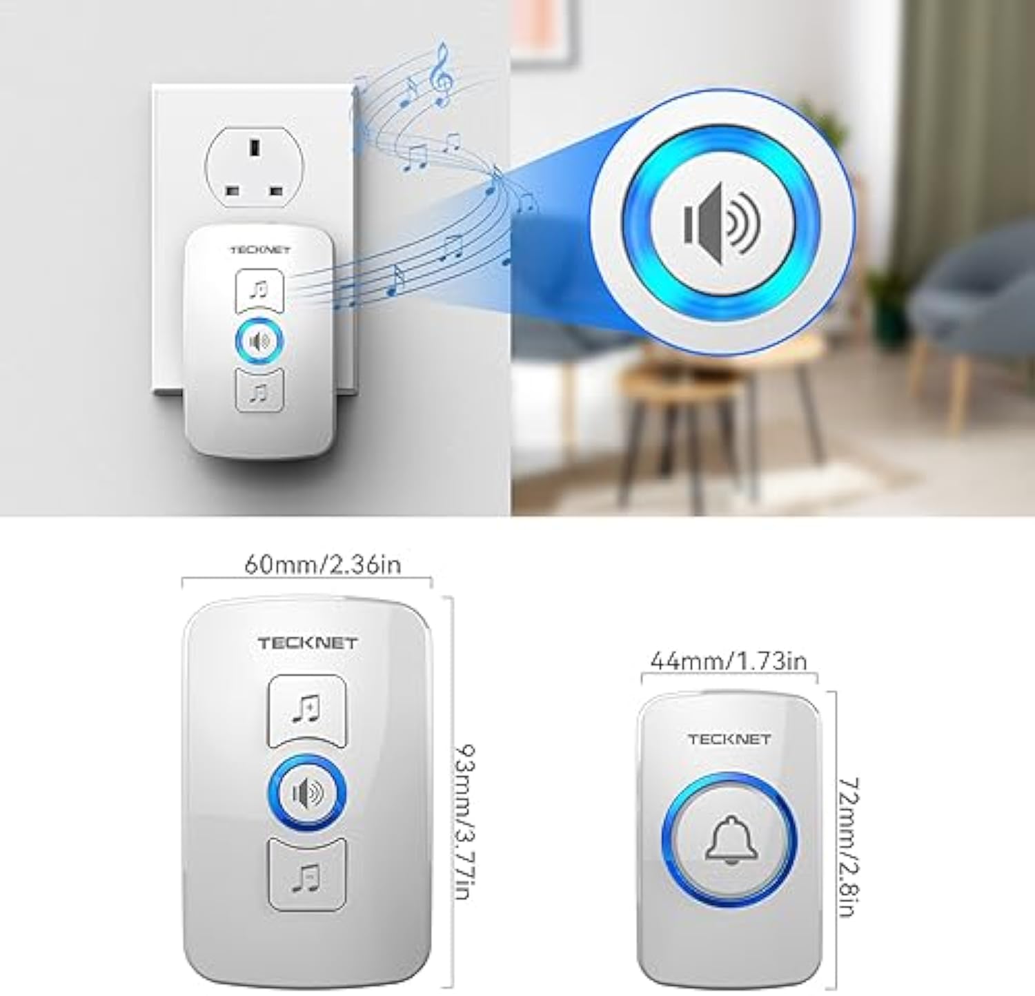TECKNET Wireless Doorbell, IP65 Waterproof Wall Plug-in Door Bells Wireless Cordless Chime Kit