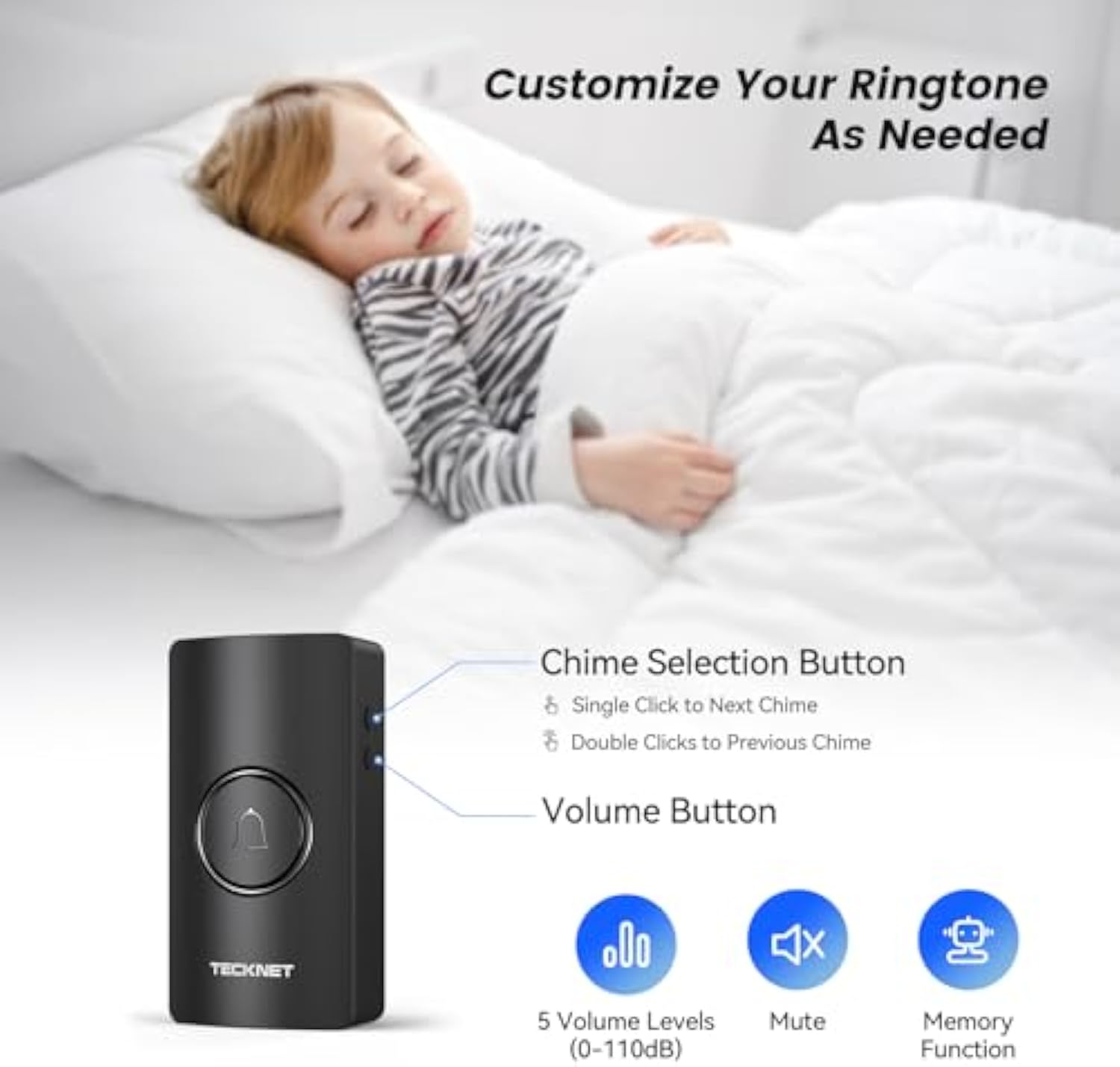 TECKNET Wireless Doorbell, Door Bells Wireless IP65 Waterproof Battery Operated Cordless Door Chime Kit