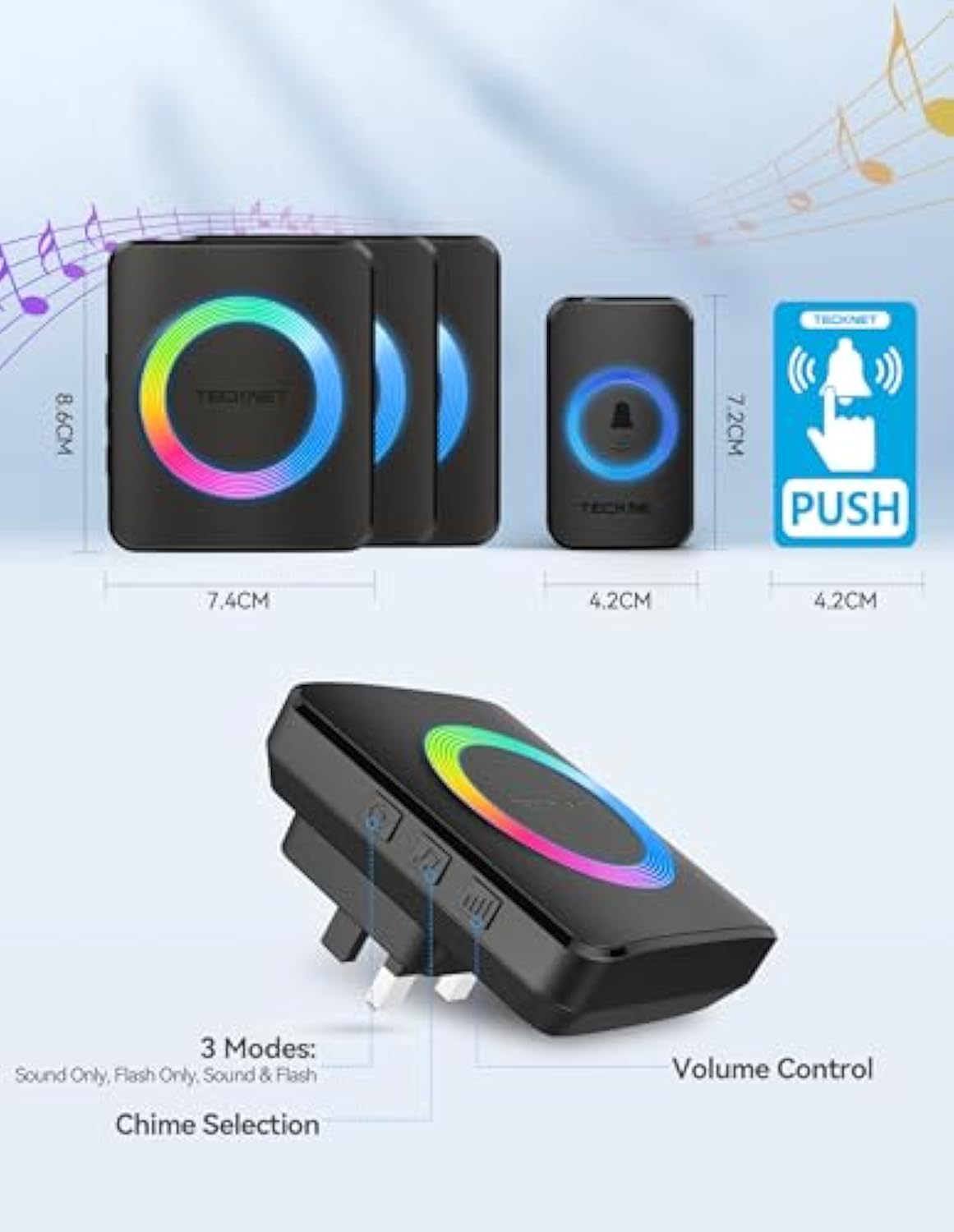 TECKNET Wireless Doorbell 3 Receivers, Door Chime Kit with RGB Light
