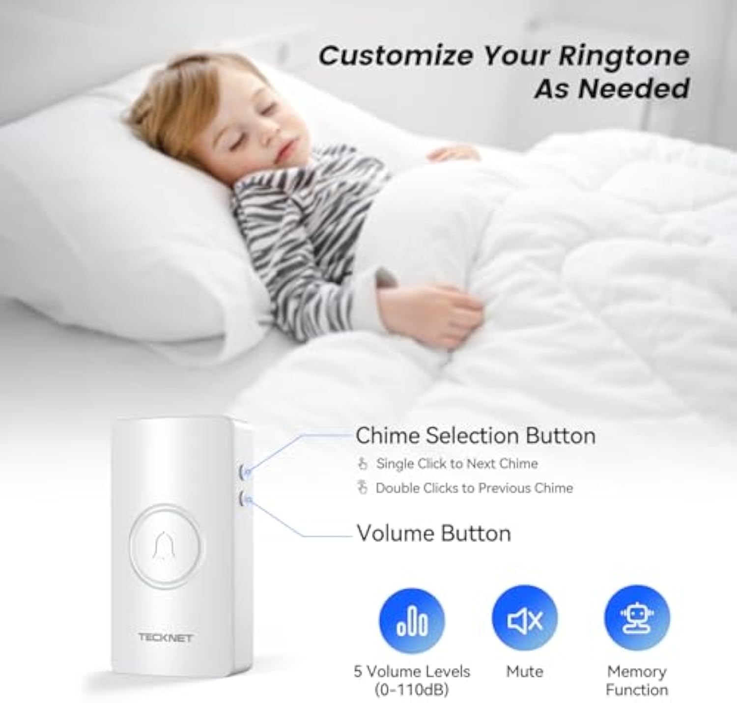 TECKNET Wireless Doorbell, Door Bells Wireless IP65 Waterproof Battery Operated Cordless Door Chime Kit