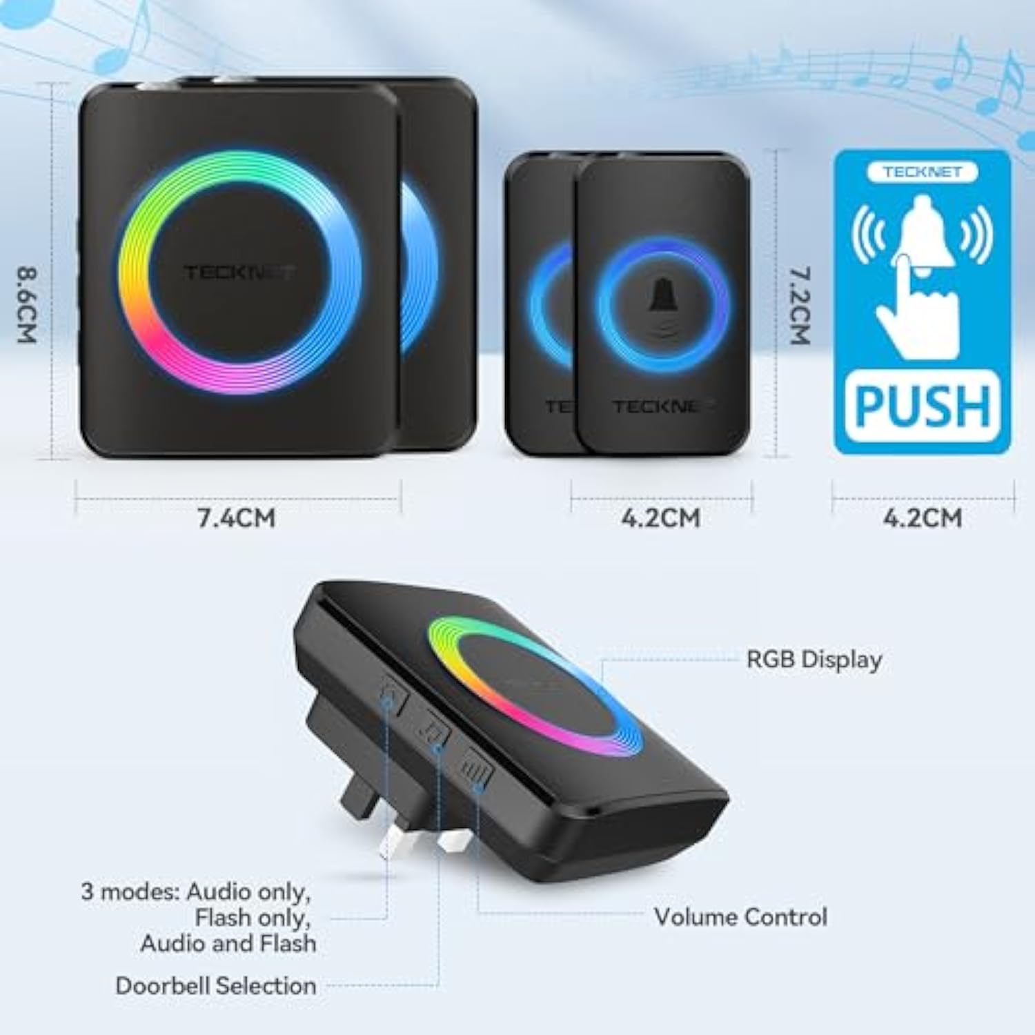 TECKNET Wireless Doorbell with 2 Push Buttons 2 Receivers