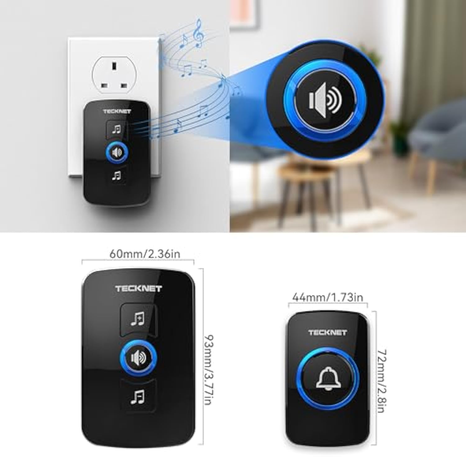 TECKNET Wireless Doorbell, IP65 Waterproof Wall Plug-in Door Bells Wireless Cordless Chime Kit