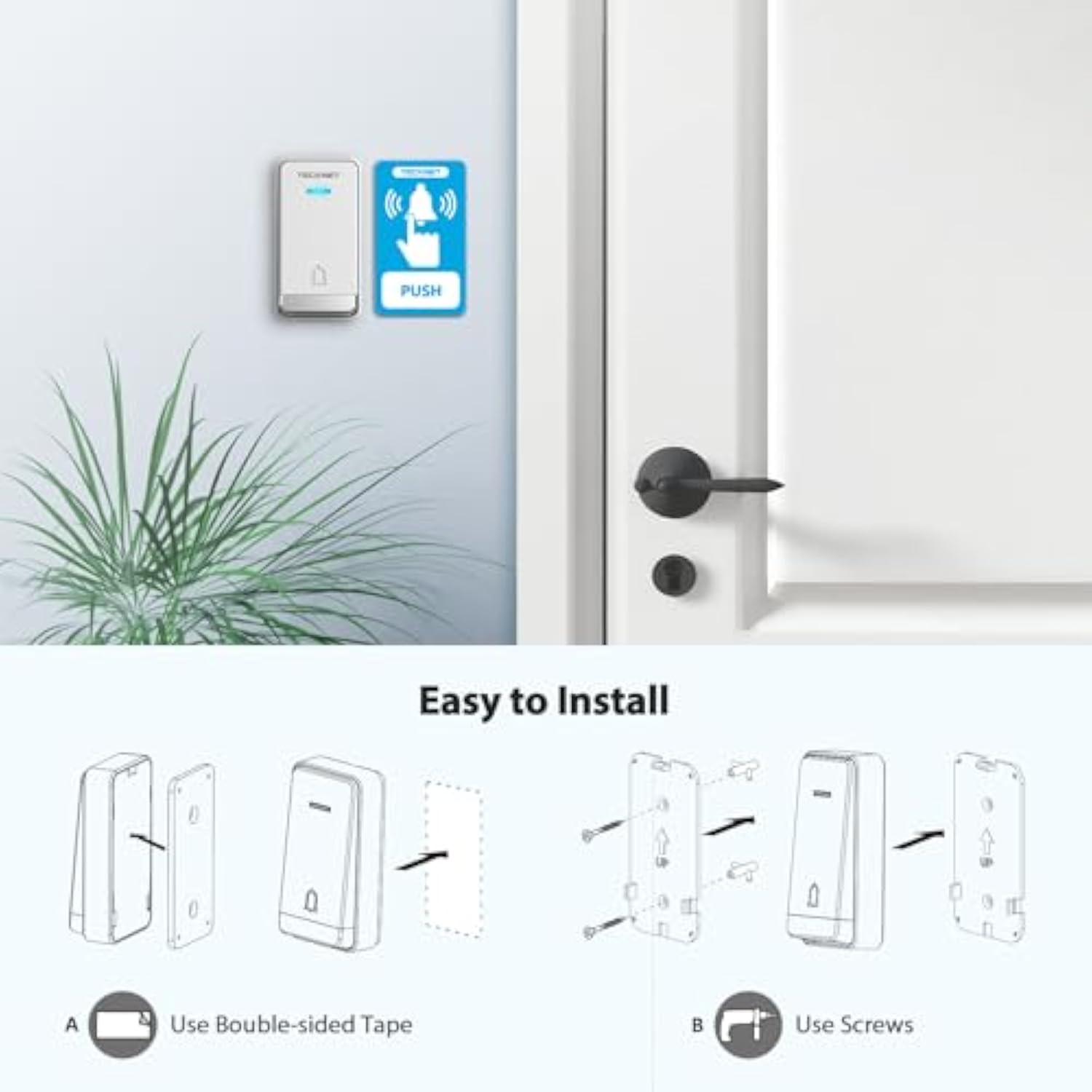 TECKNET Self-Powered Doorbell with 3 Receivers, IP65 Waterproof 1300ft Wireless Doorbell with 60 Chimes