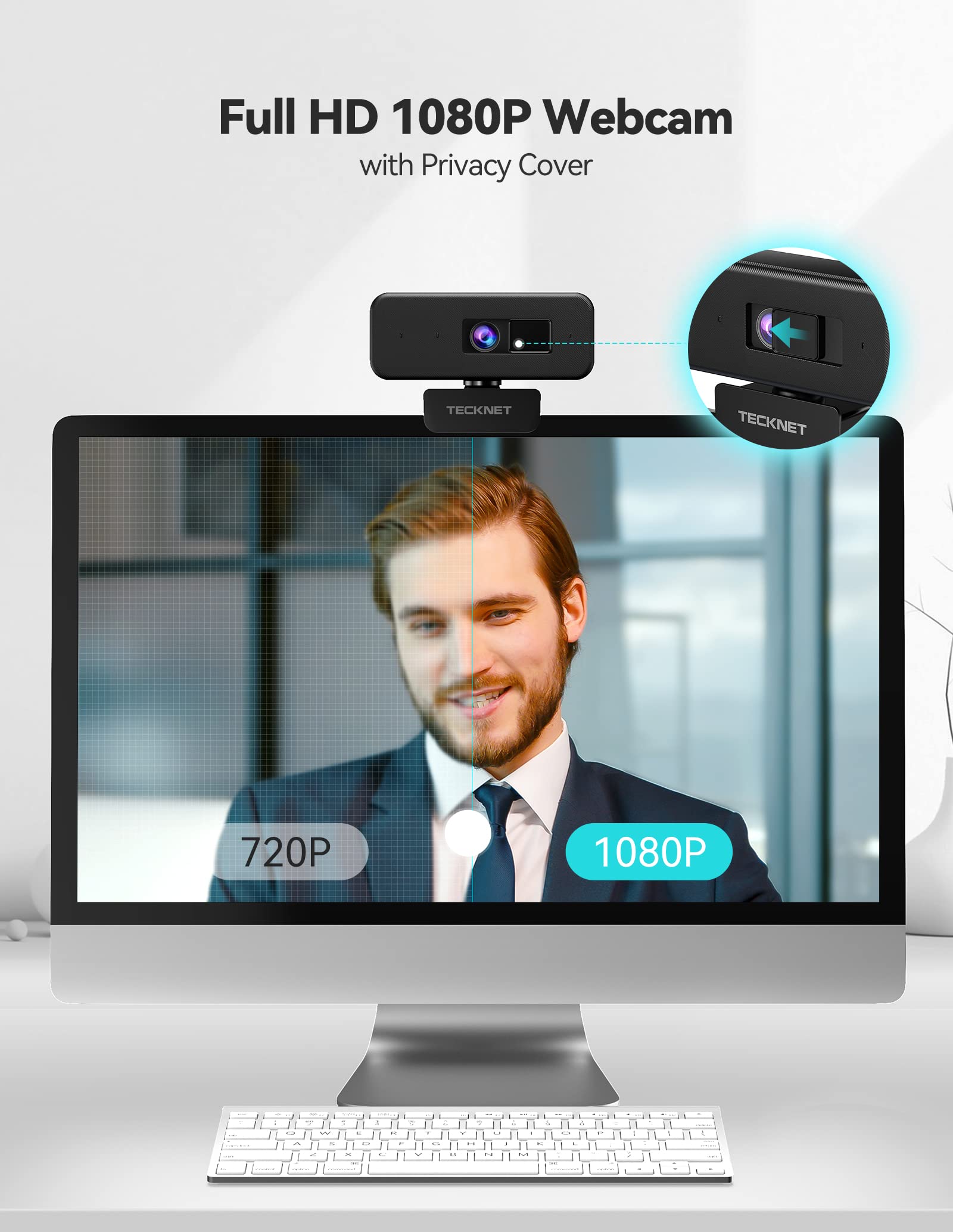 TECKNET 1080P Webcam with Microphone & Privacy Cover for Desktop, 110° View