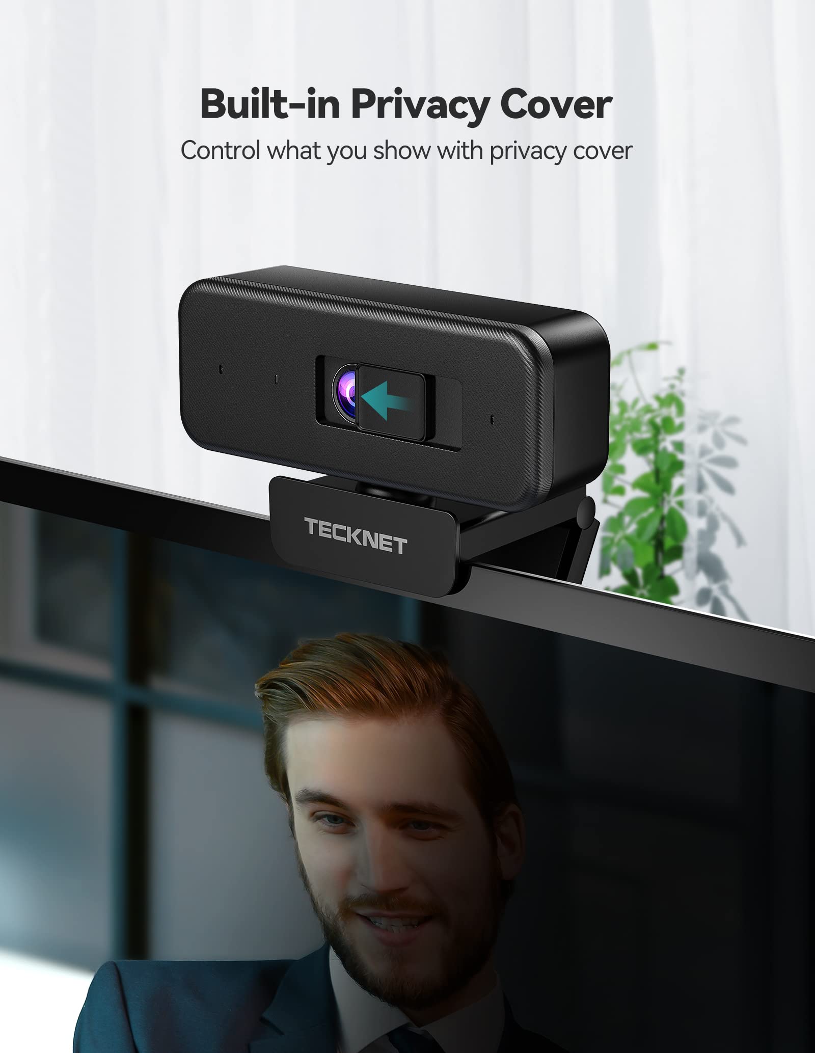 TECKNET 1080P Webcam with Microphone & Privacy Cover for Desktop, 110° View