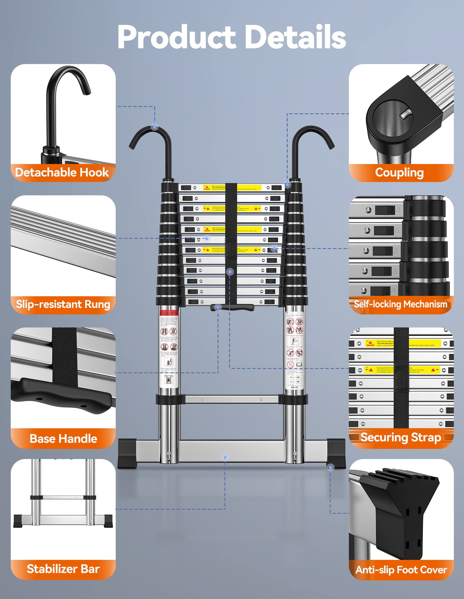 TECKNET Telescopic Ladder, Aluminium Extension Ladder with Stabilizer Bar, Max Load 150kg/330lbs