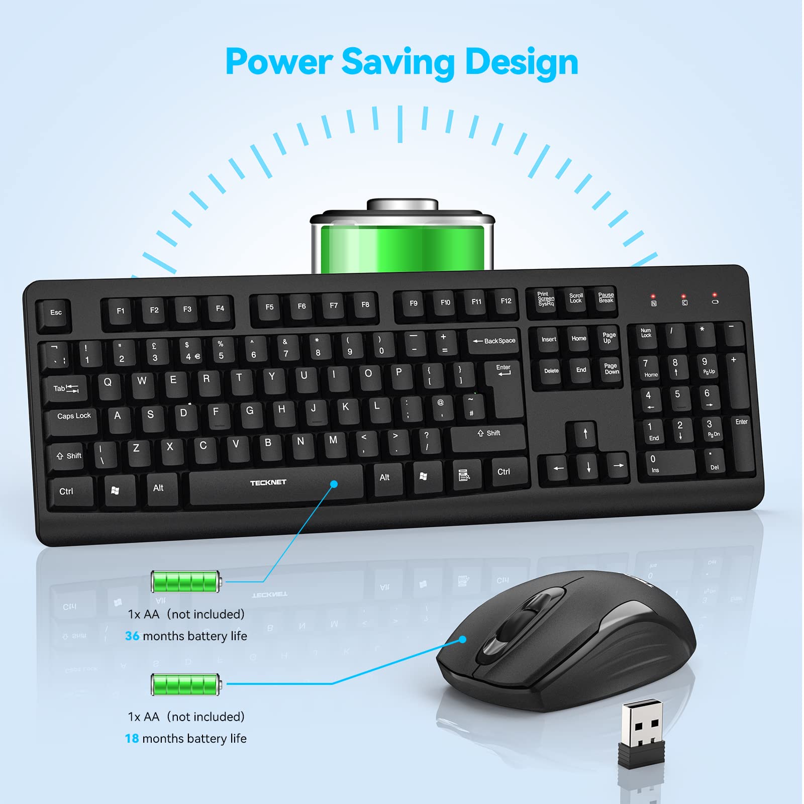 TECKNET 2.4G Wireless Keyboard and Mouse Set With Nano USB Receiver