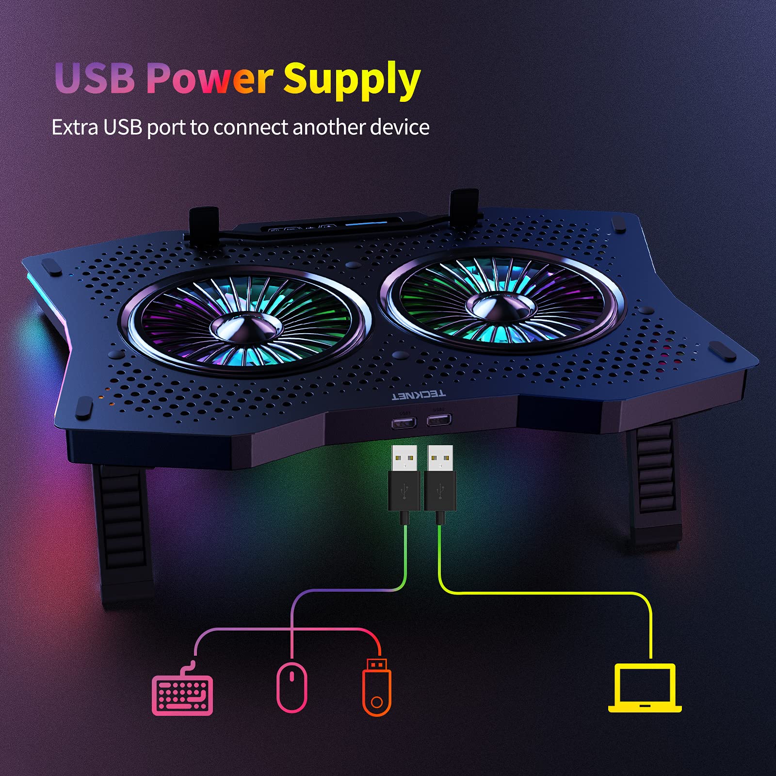 TECKNET RGB Cooling Pad, 2 High-speed Silent Laptop Fans with 2 USB Ports
