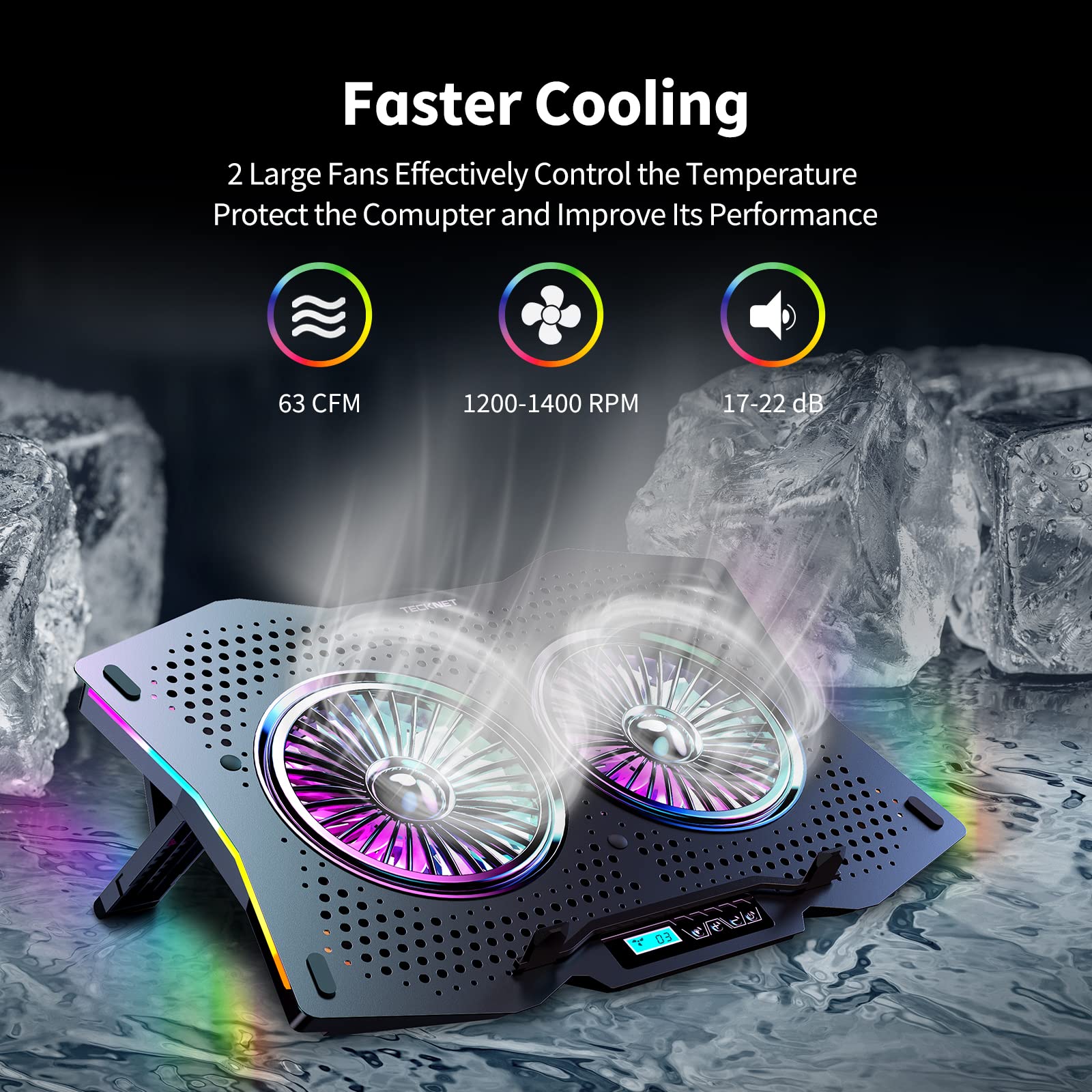 TECKNET RGB Cooling Pad, 2 High-speed Silent Laptop Fans with 2 USB Ports