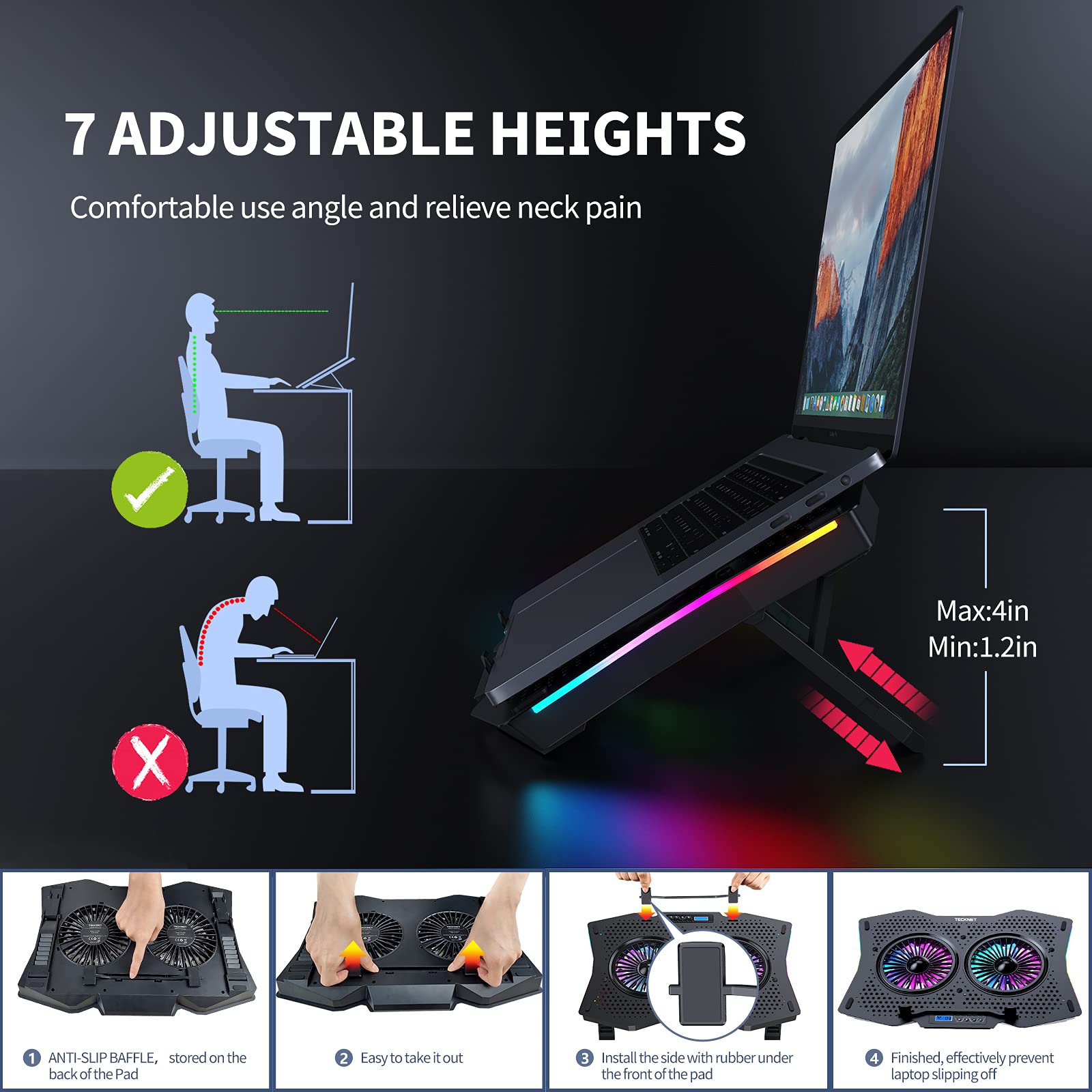 TECKNET RGB Cooling Pad, 2 High-speed Silent Laptop Fans with 2 USB Ports