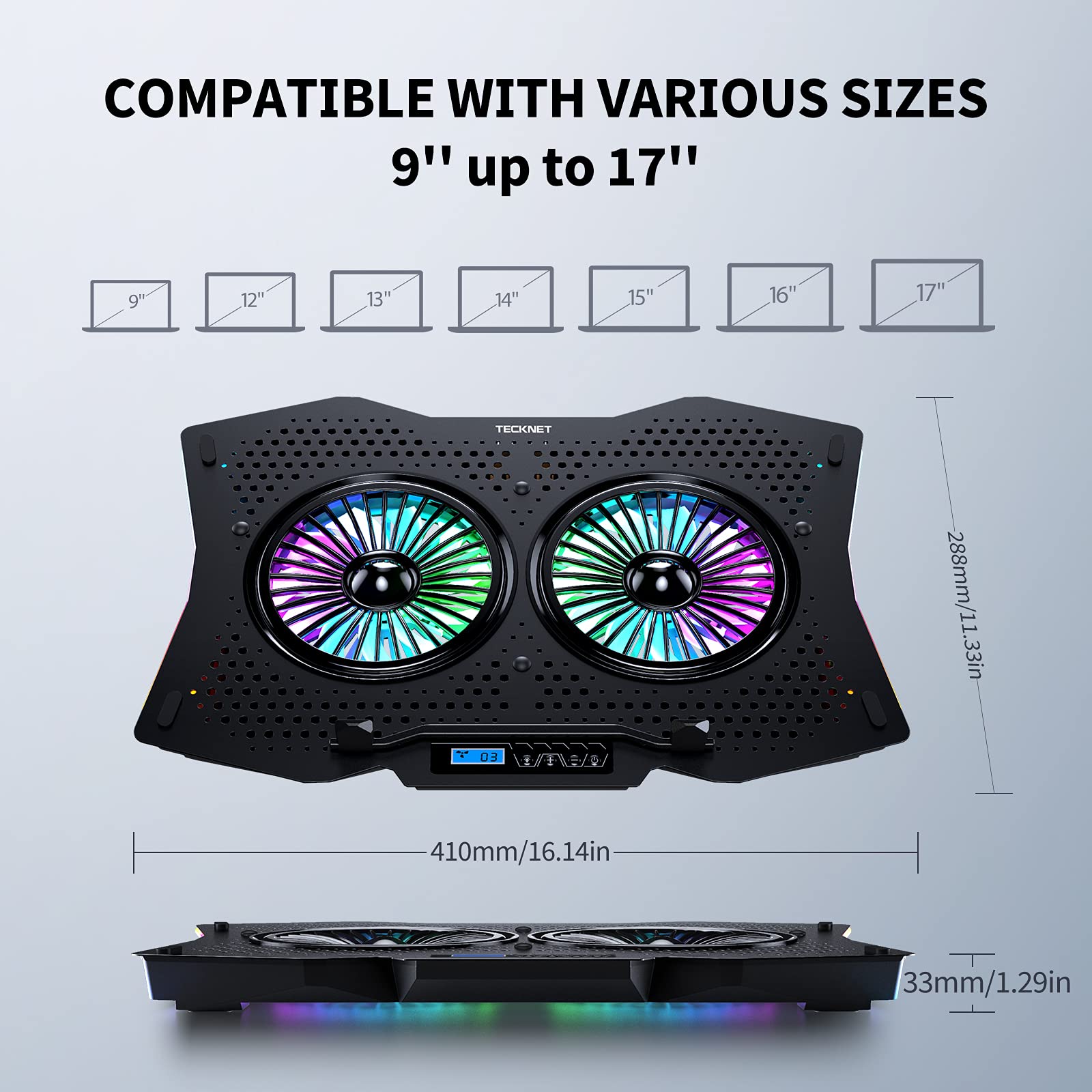 TECKNET RGB Cooling Pad, 2 High-speed Silent Laptop Fans with 2 USB Ports