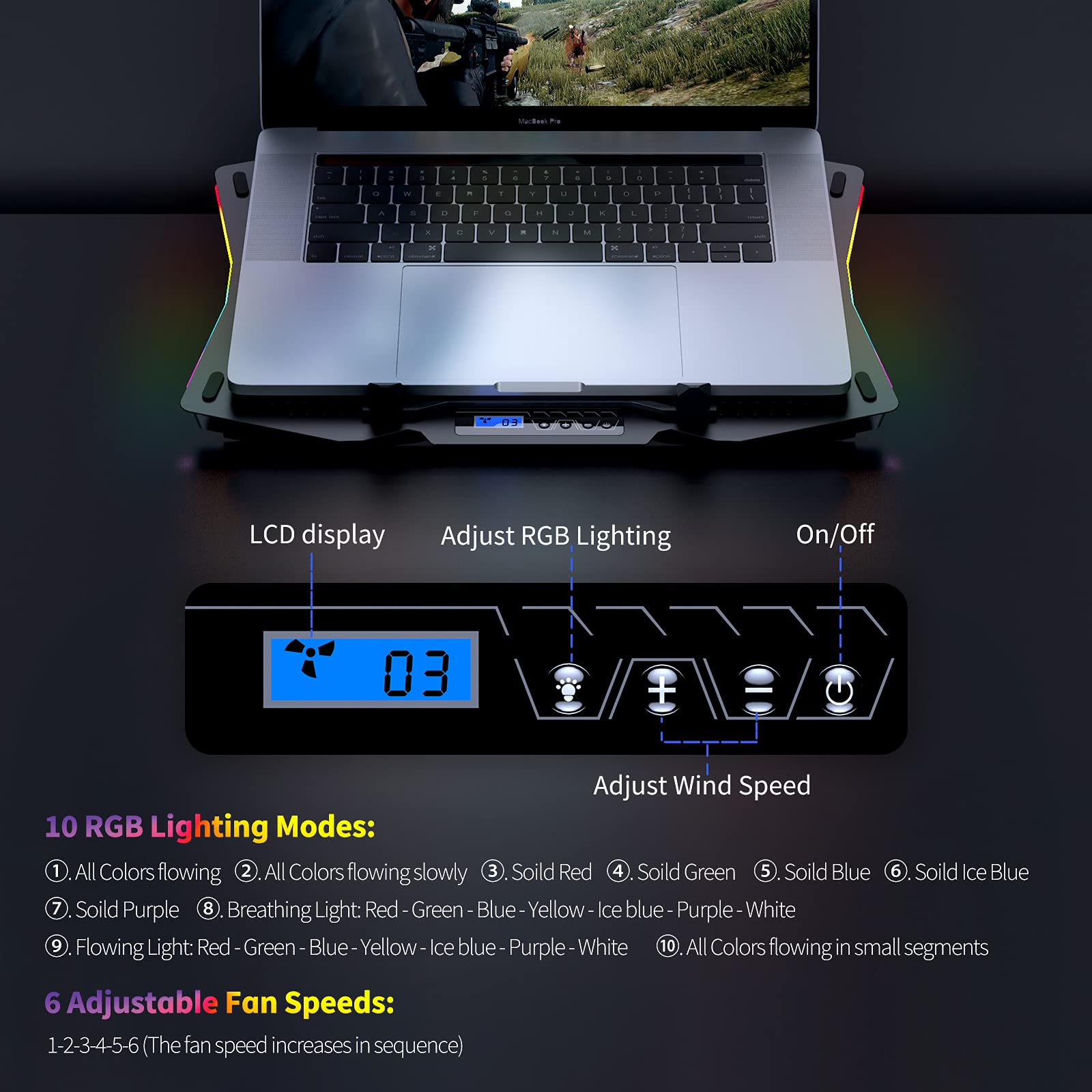 TECKNET RGB Cooling Pad, 2 High-speed Silent Laptop Fans with 2 USB Ports