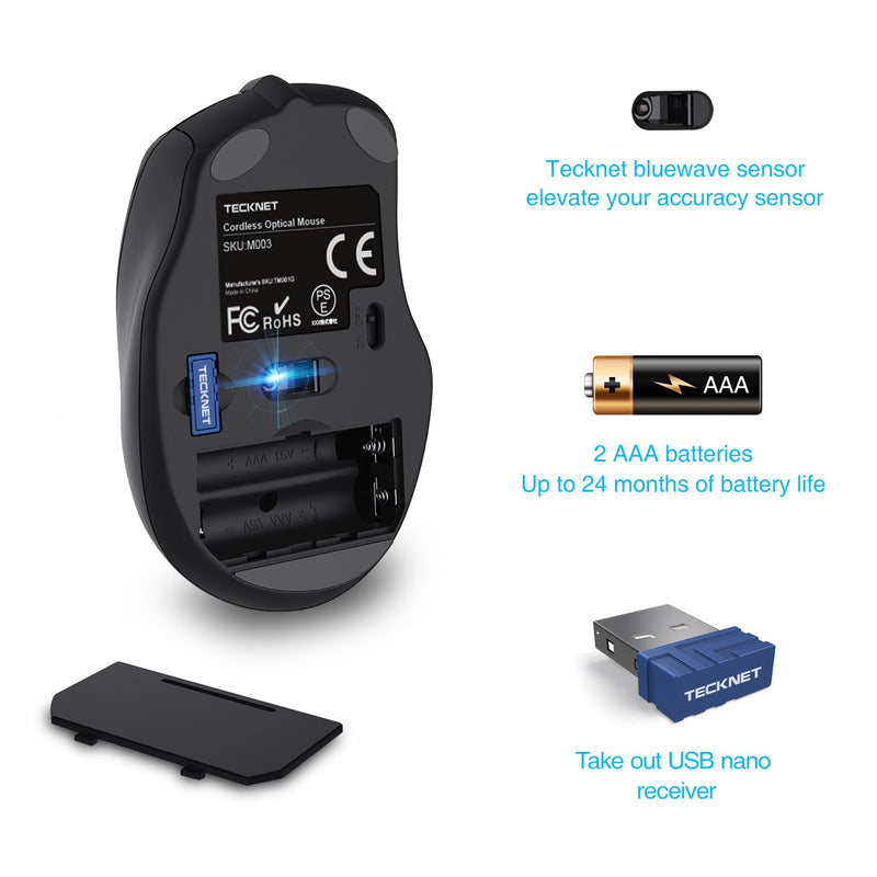 TECKNET Pro 2.4G Ergonomic Wireless Optical Mouse, 2600 DPI, 6 Adjustment Levels