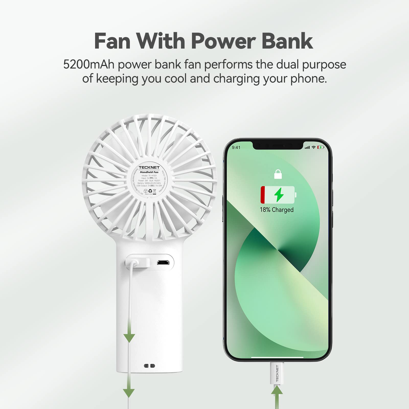 TECKNET Handheld Fan, 2-in-1 Mini Fan with Rechargeable 5200mAh Power Bank