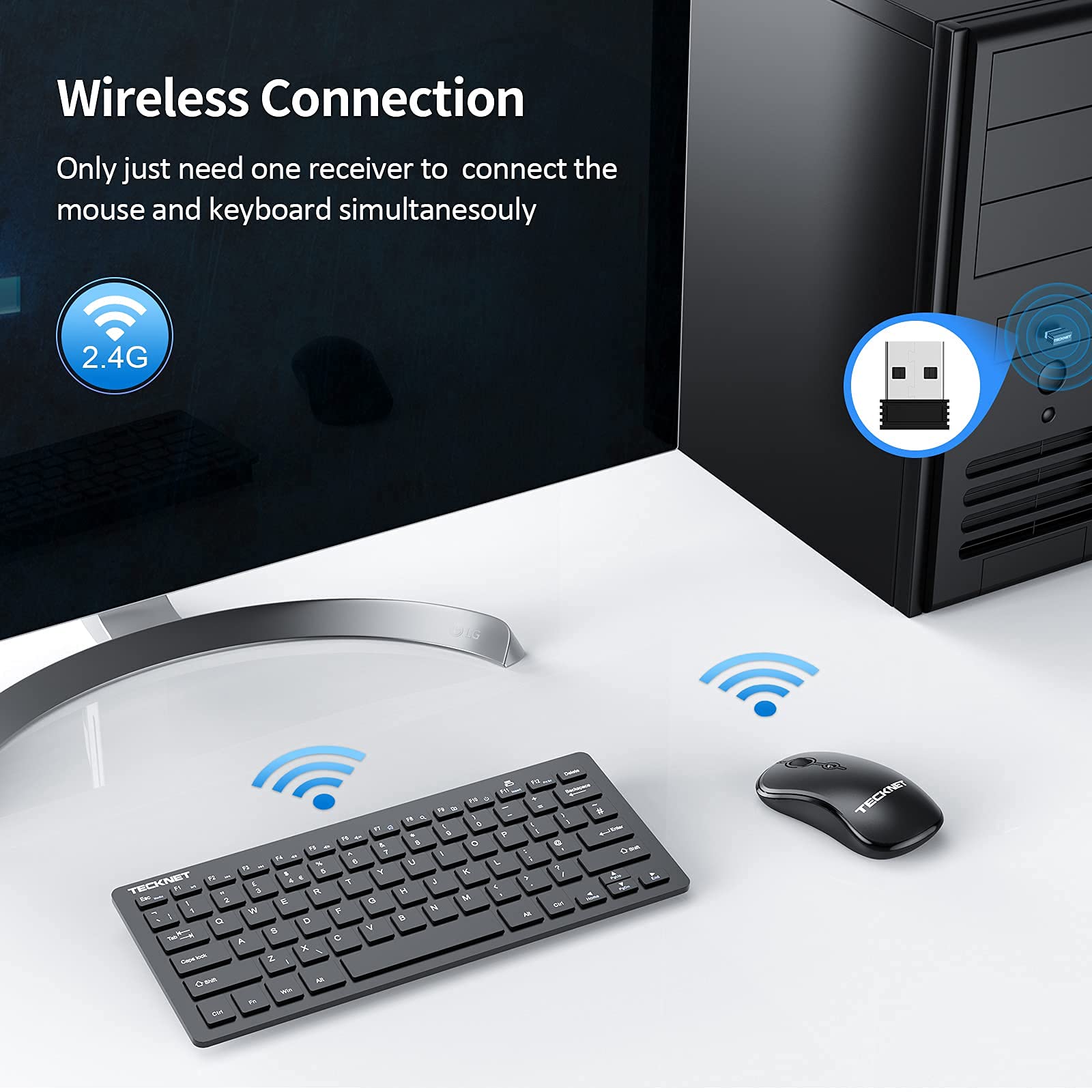 TECKNET Mini Wireless Keyboard and Mouse Set, 2.4G Cordless USB Keyboard and Silent Mouse