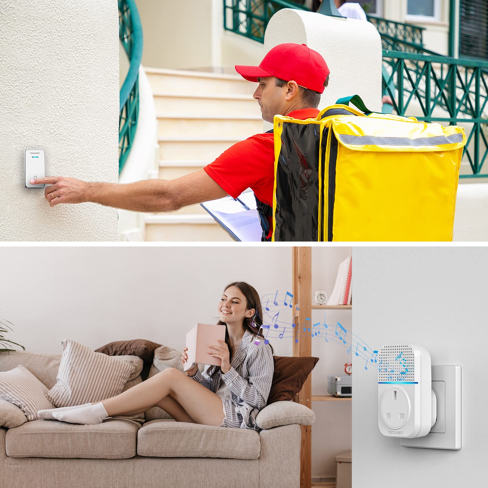 TECKNET Twin Self-Powered Wireless Doorbell Plug in Cordless Door Chime