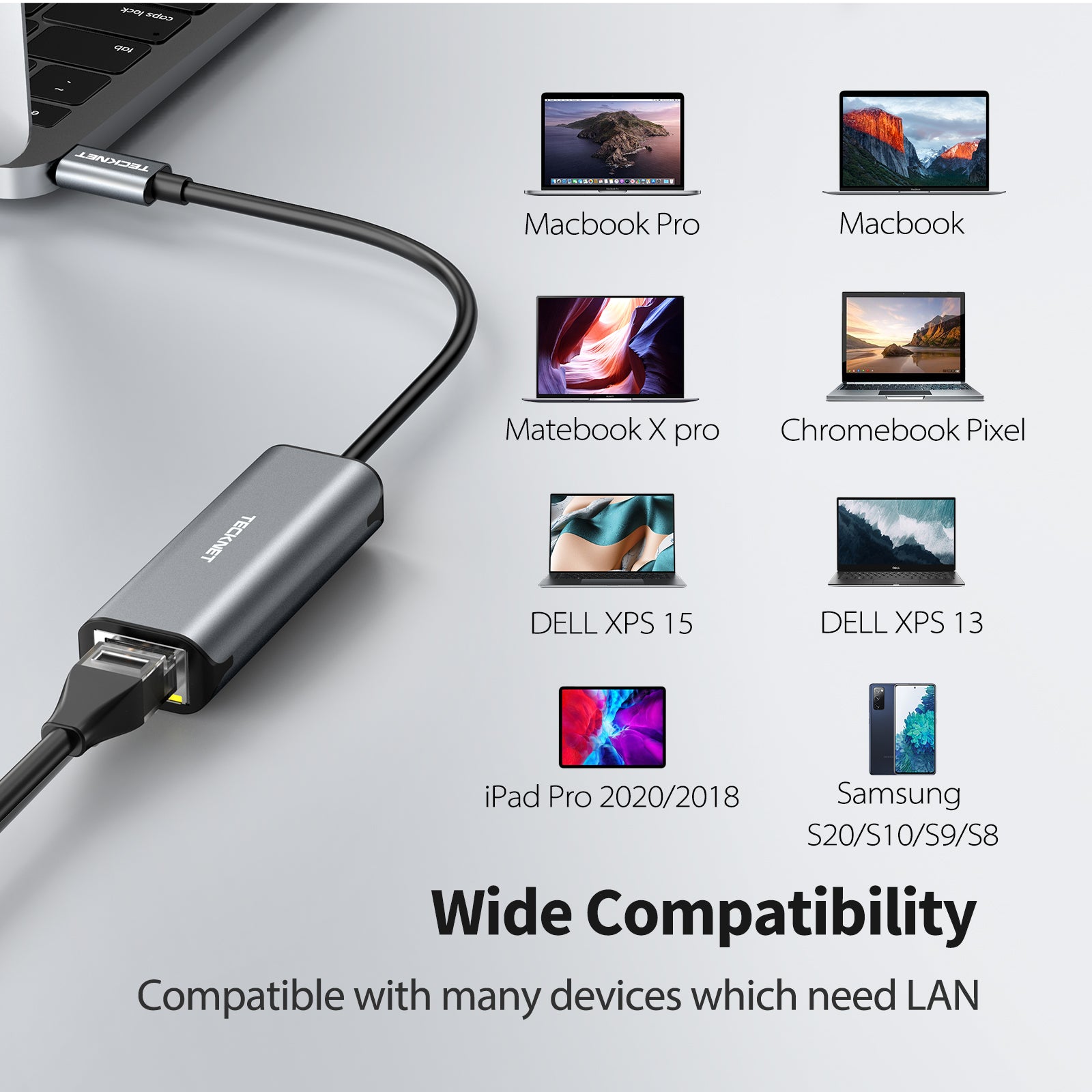 TECKNET USB C to Ethernet Adapter USB Type C to RJ45 10/100/1000Mbps Network LAN Wired Ethernet Adapter
