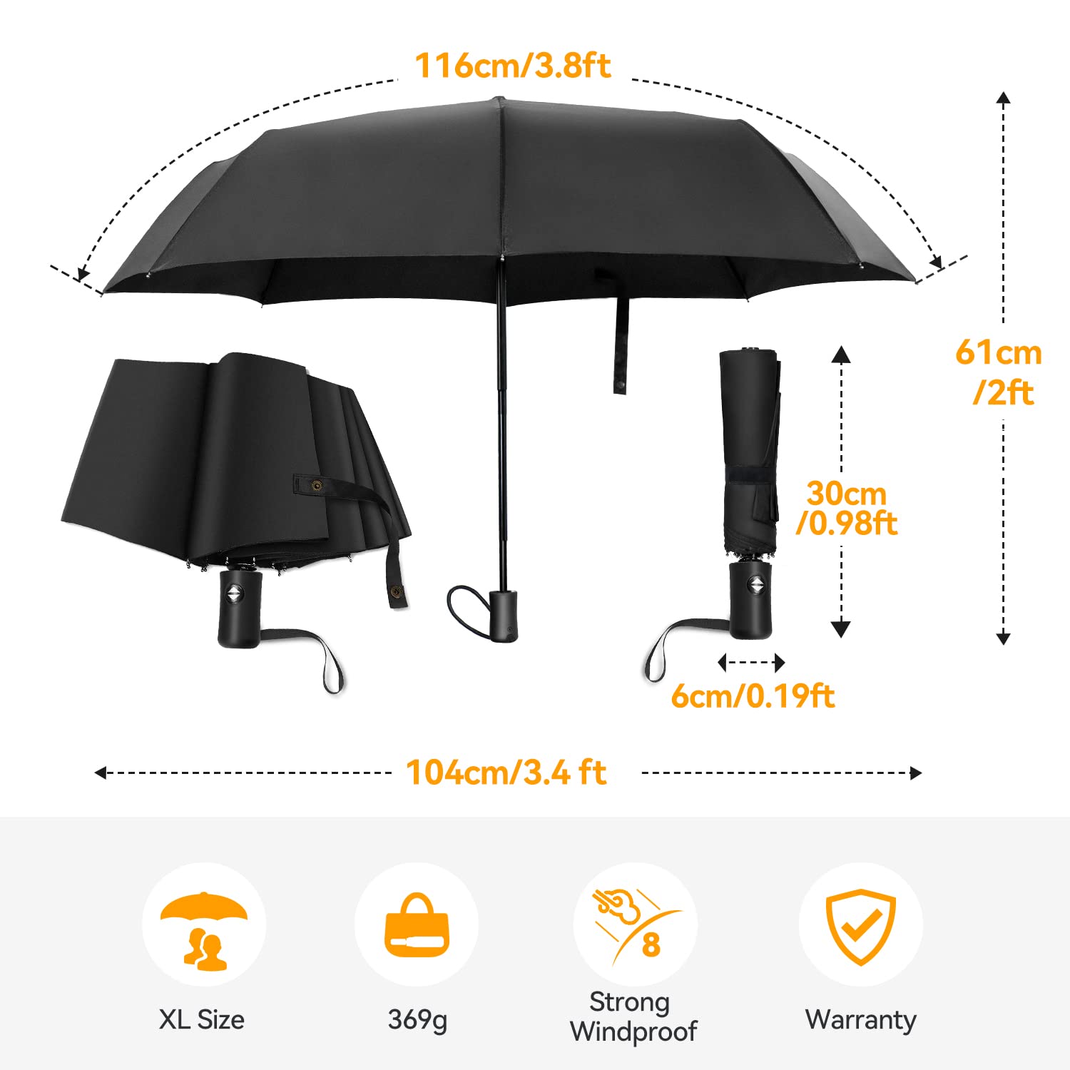 TechRise Windproof Automatic Folding Travel Umbrella 8 Ribs