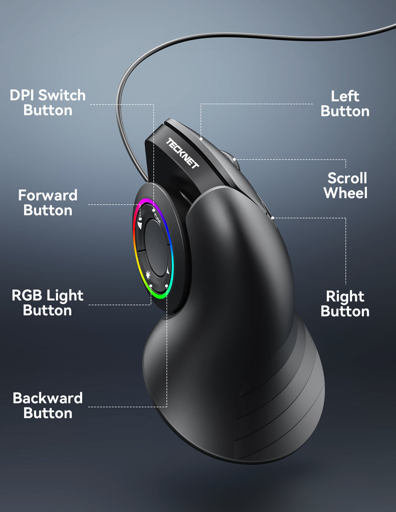 TECKNET Ergonomic Vertical Mouse with 8000 DPI, 6-level-DPI, 7 Buttons