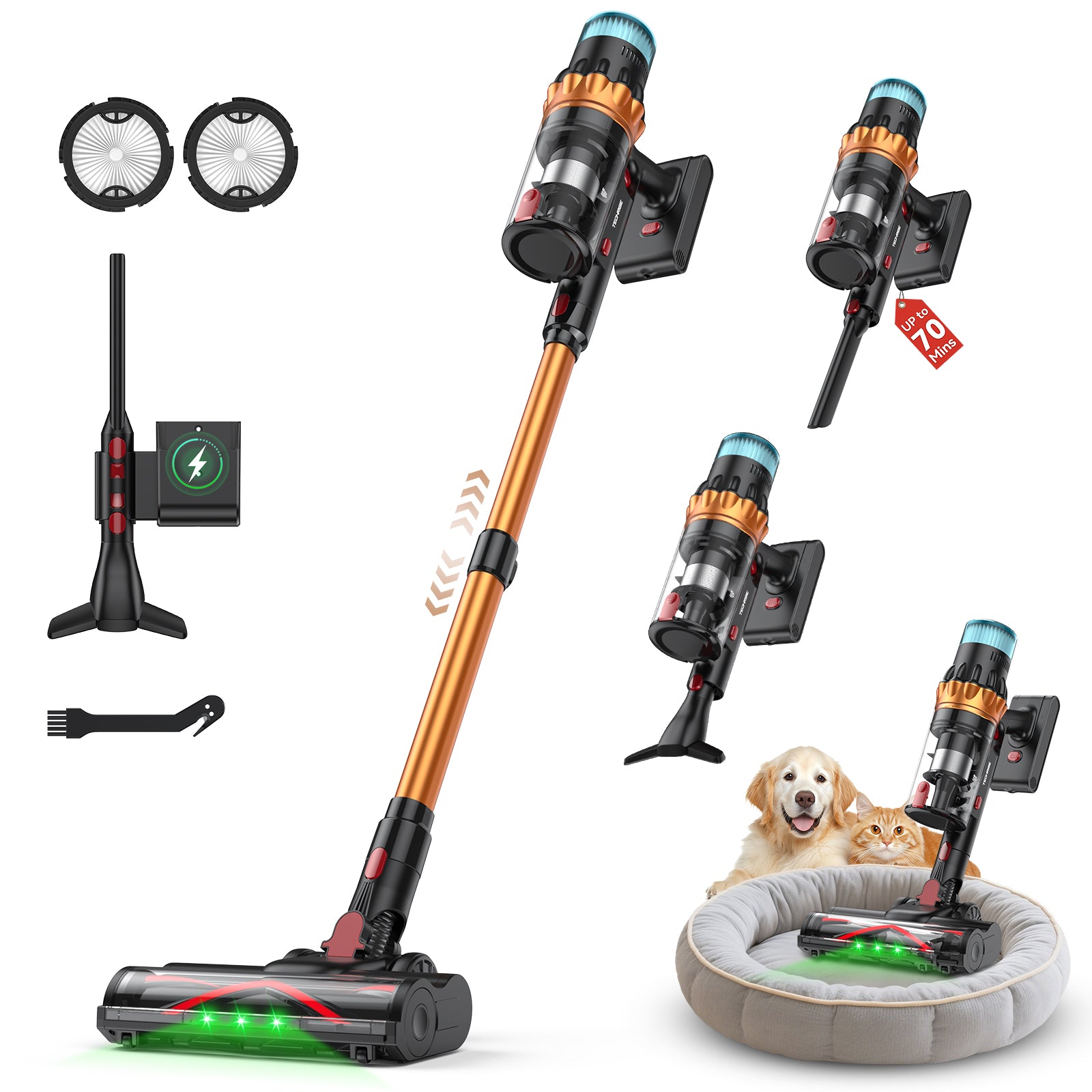 TechRise 58KPA Cordless Vacuum: 70Min LED Touch, Anti-Tangle & Self-Standing
