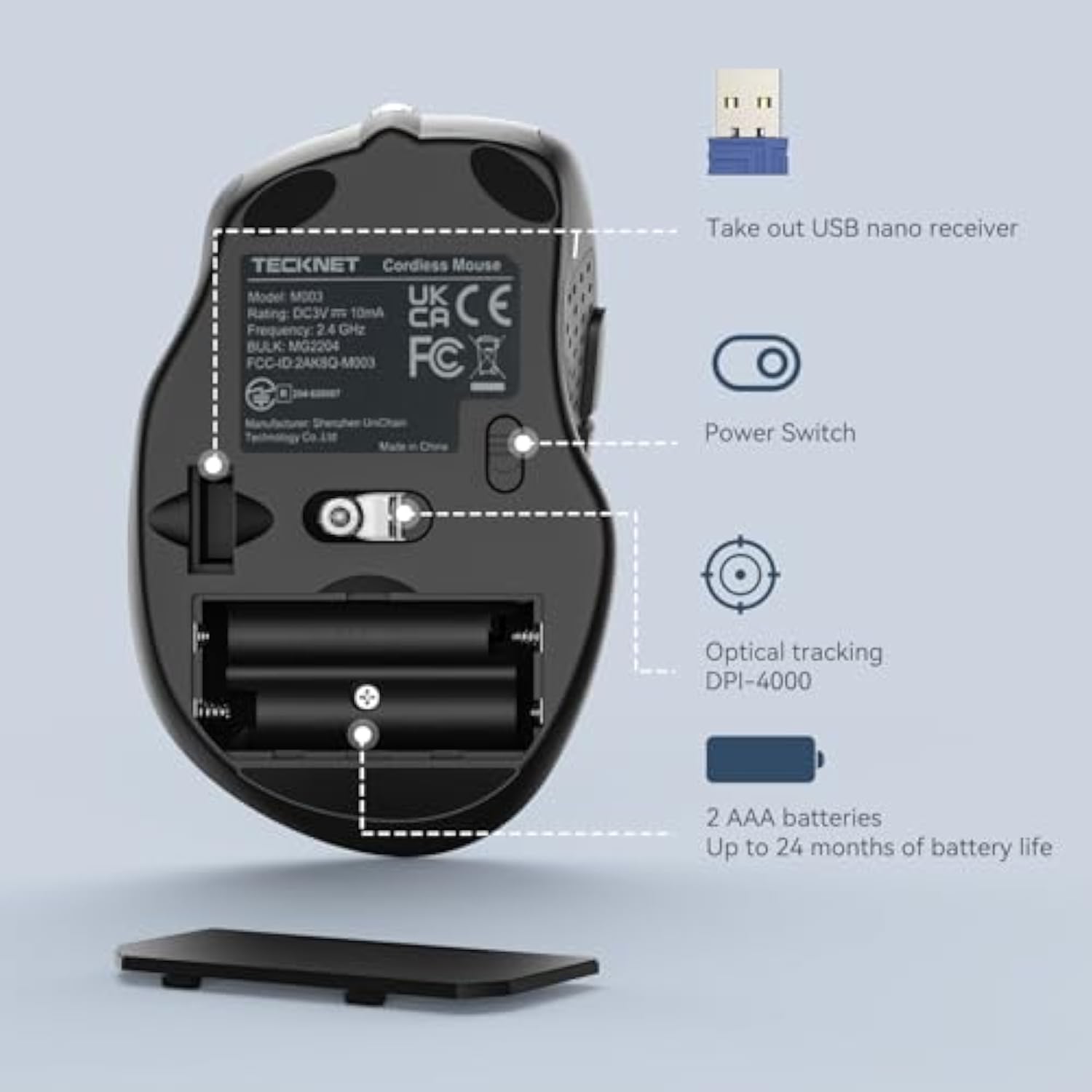 TECKNET Pro Wireless Mouse, 4000 DPI, 2.4G Ergonomic Optical