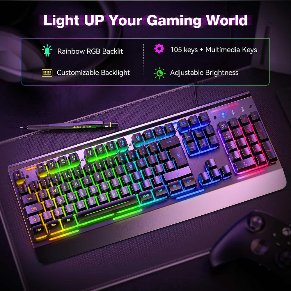 TECKNET RGB Gaming Keyboard, 105 Keys All-Metal Panel, 15 LED RGB Colo