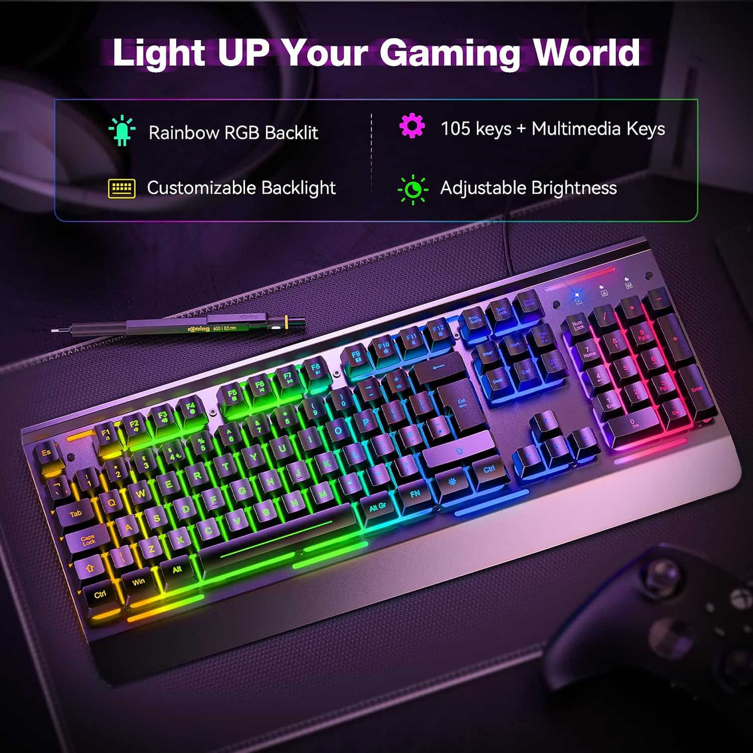 TECKNET RGB Gaming Keyboard, 105 Keys All-Metal Panel, 15 LED RGB Color Modes